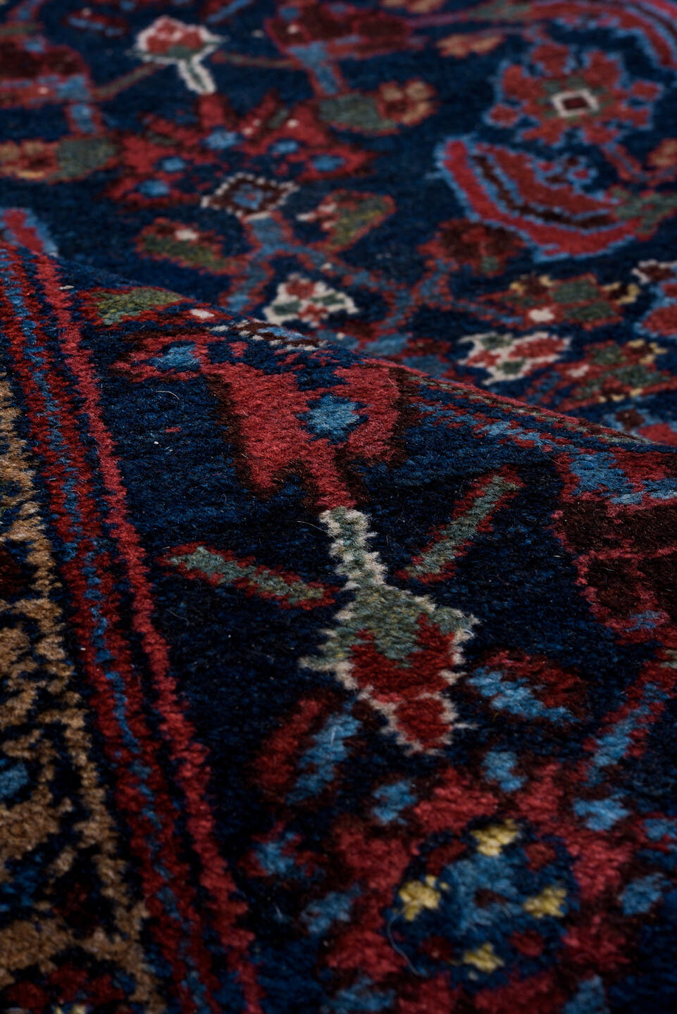 3' x 16' one-of-a-kind handmade antique Hamadan runner rug. Color palette: navy, rust, crimson, ivory, sky blue, burgundy