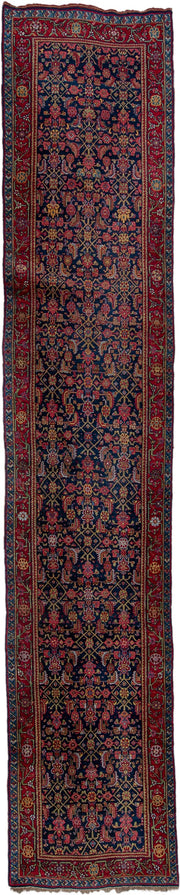 3' x 16' one-of-a-kind handmade antique Bidjar runner rug. Color palette: navy, rust, crimson, gold, ivory, indigo, rose