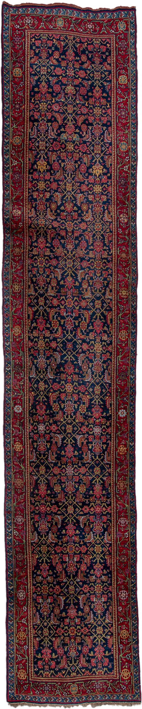 3' x 16' one-of-a-kind handmade antique Bidjar runner rug. Color palette: navy, rust, crimson, gold, ivory, indigo, rose