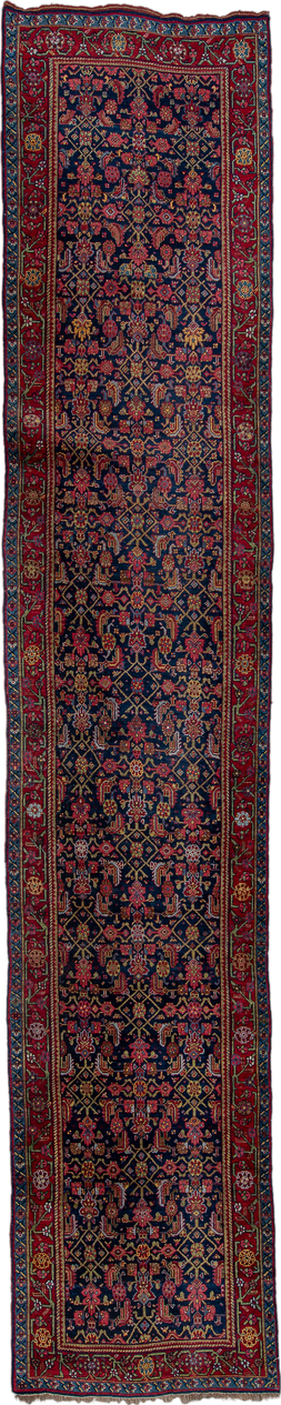 3' x 16' one-of-a-kind handmade antique Bidjar runner rug. Color palette: navy, rust, crimson, gold, ivory, indigo, rose