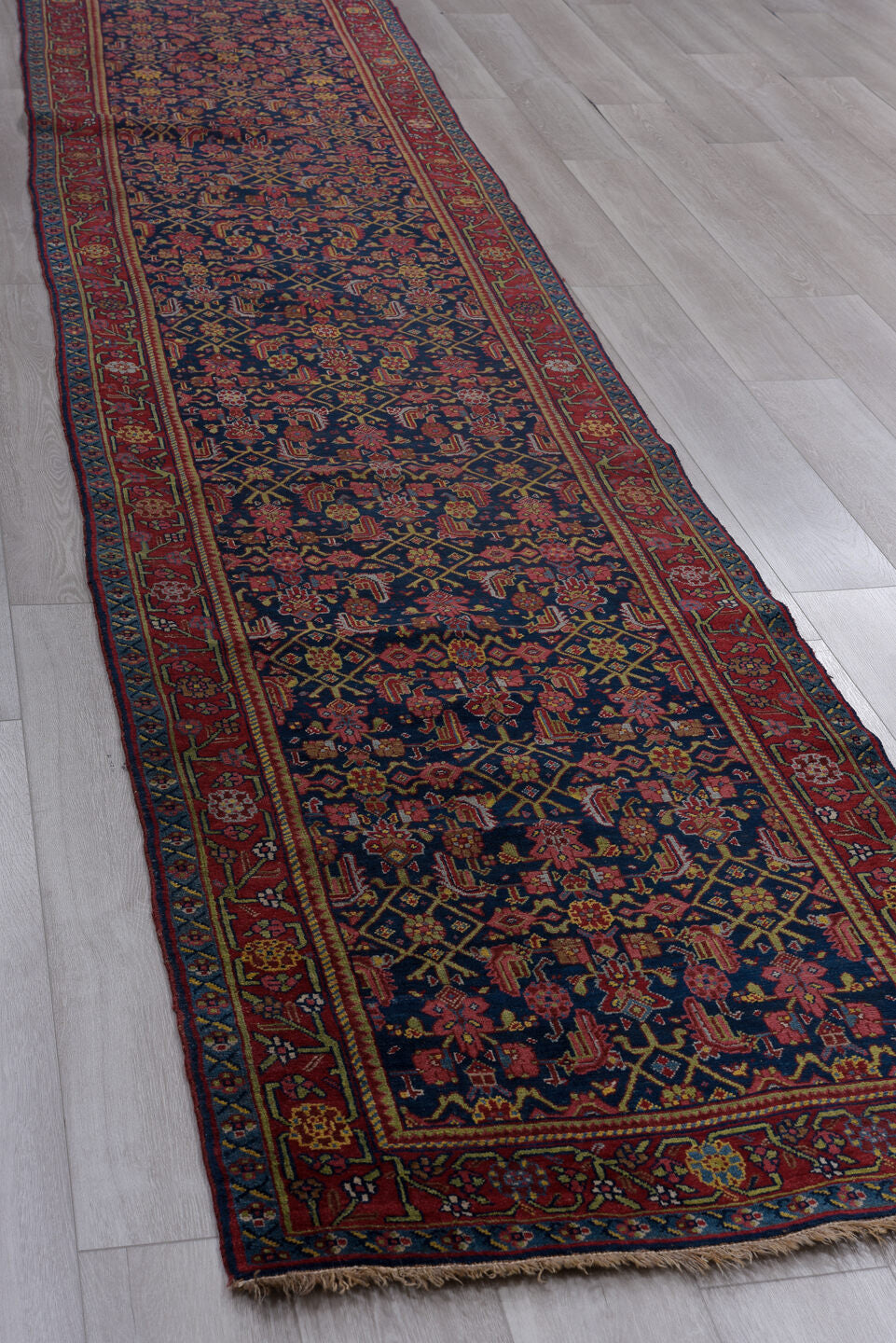 3' x 16' one-of-a-kind handmade antique Bidjar runner rug. Color palette: navy, rust, crimson, gold, ivory, indigo, rose