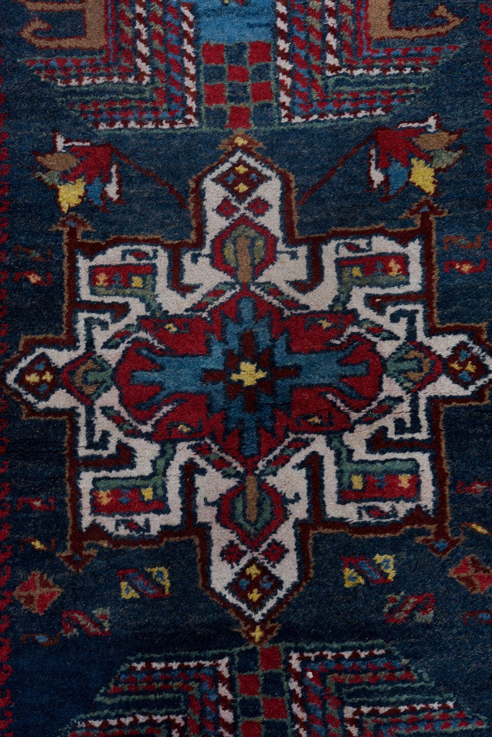 3' x 14' one-of-a-kind handmade vintage Heriz runner rug. Color palette: navy, brick red, ivory, sky blue, rust, camel
