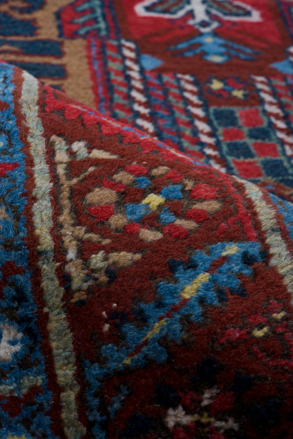 3' x 14' one-of-a-kind handmade vintage Heriz runner rug. Color palette: navy, brick red, ivory, sky blue, rust, camel
