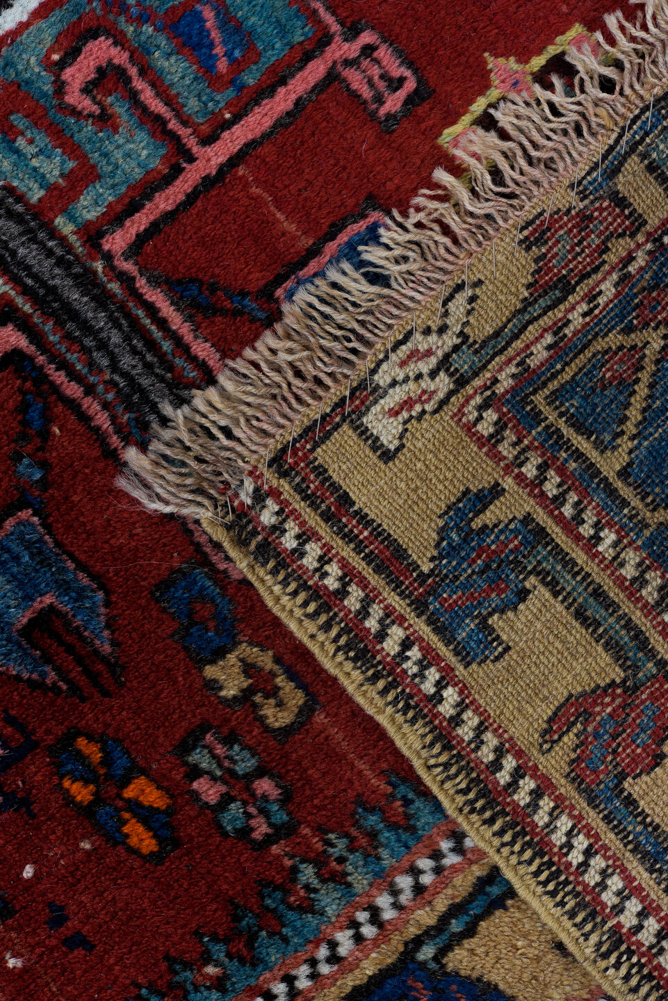 4' x 7' one-of-a-kind handmade vintage Karaje rug. Color palette: blue, brown, gray, light gray, off-white, pink, red