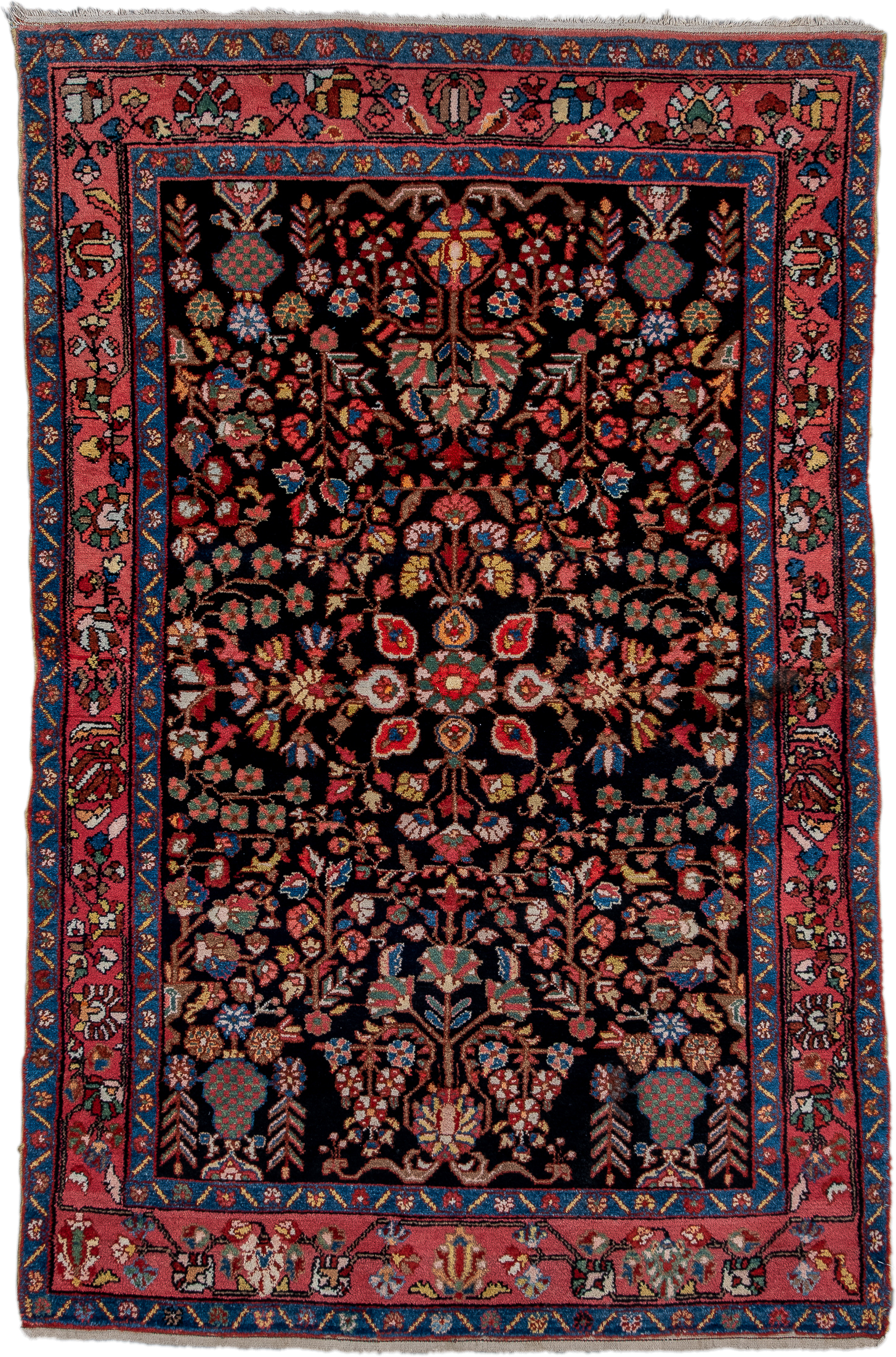 4' x 6' one-of-a-kind handmade antique Hamadan small size rug. Color palette: navy, rose, ivory, sky_blue, crimson, sage