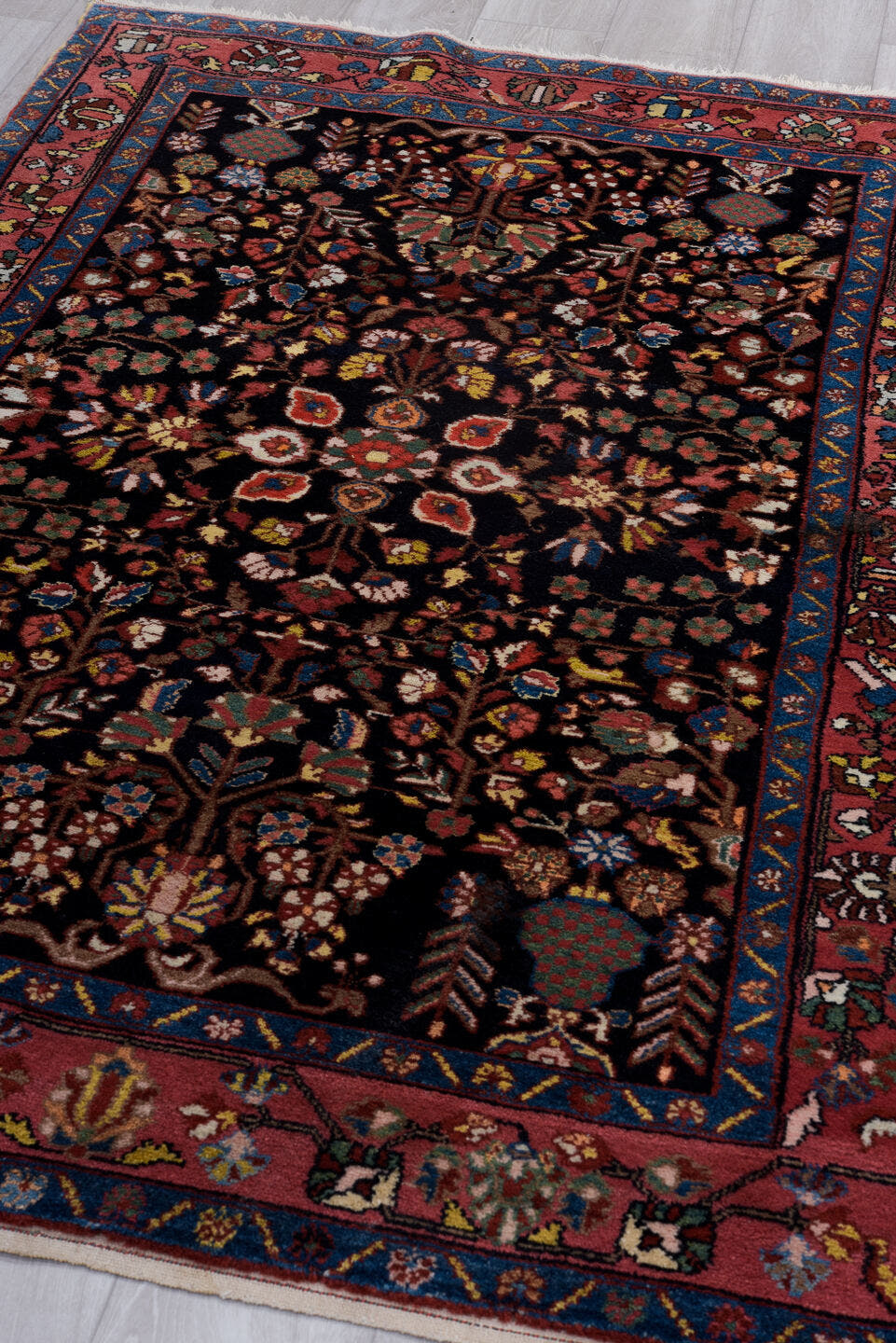 4' x 6' one-of-a-kind handmade antique Hamadan small size rug. Color palette: navy, rose, ivory, sky_blue, crimson, sage