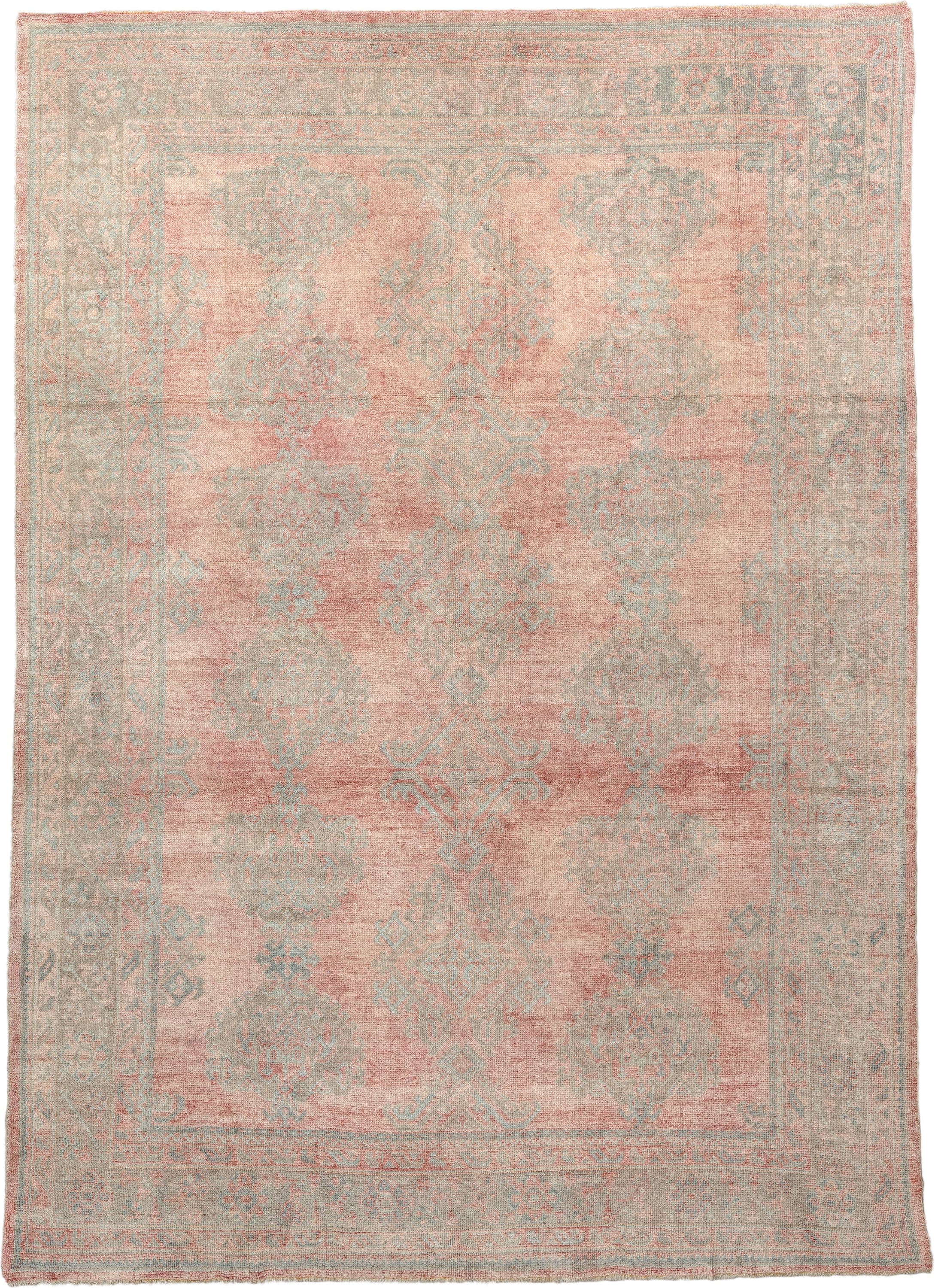 9' x 12' one-of-a-kind handmade antique Oushak large size rug. Color palette: blush, pale aqua, ivory, taupe, rose, sage