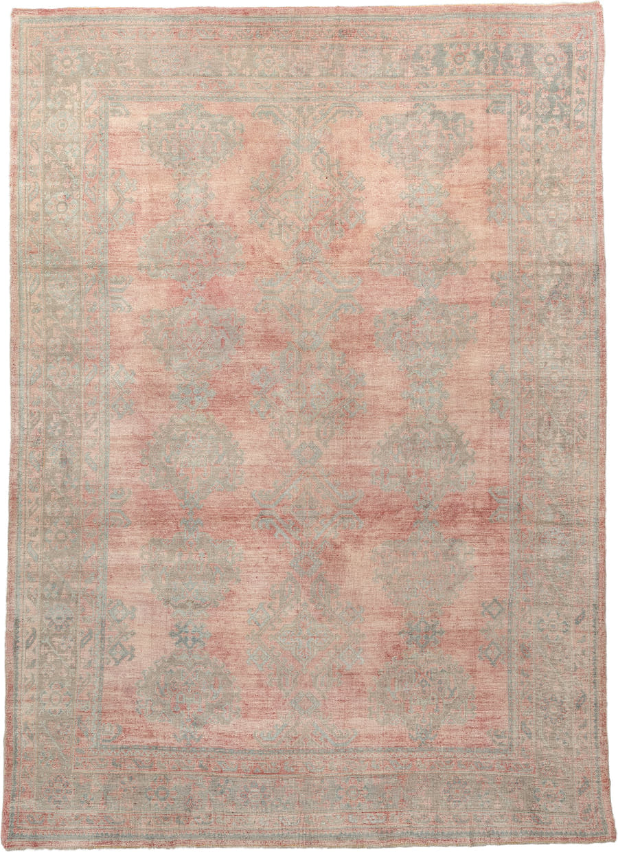 9' x 12' one-of-a-kind handmade antique Oushak large size rug. Color palette: blush, pale aqua, ivory, taupe, rose, sage