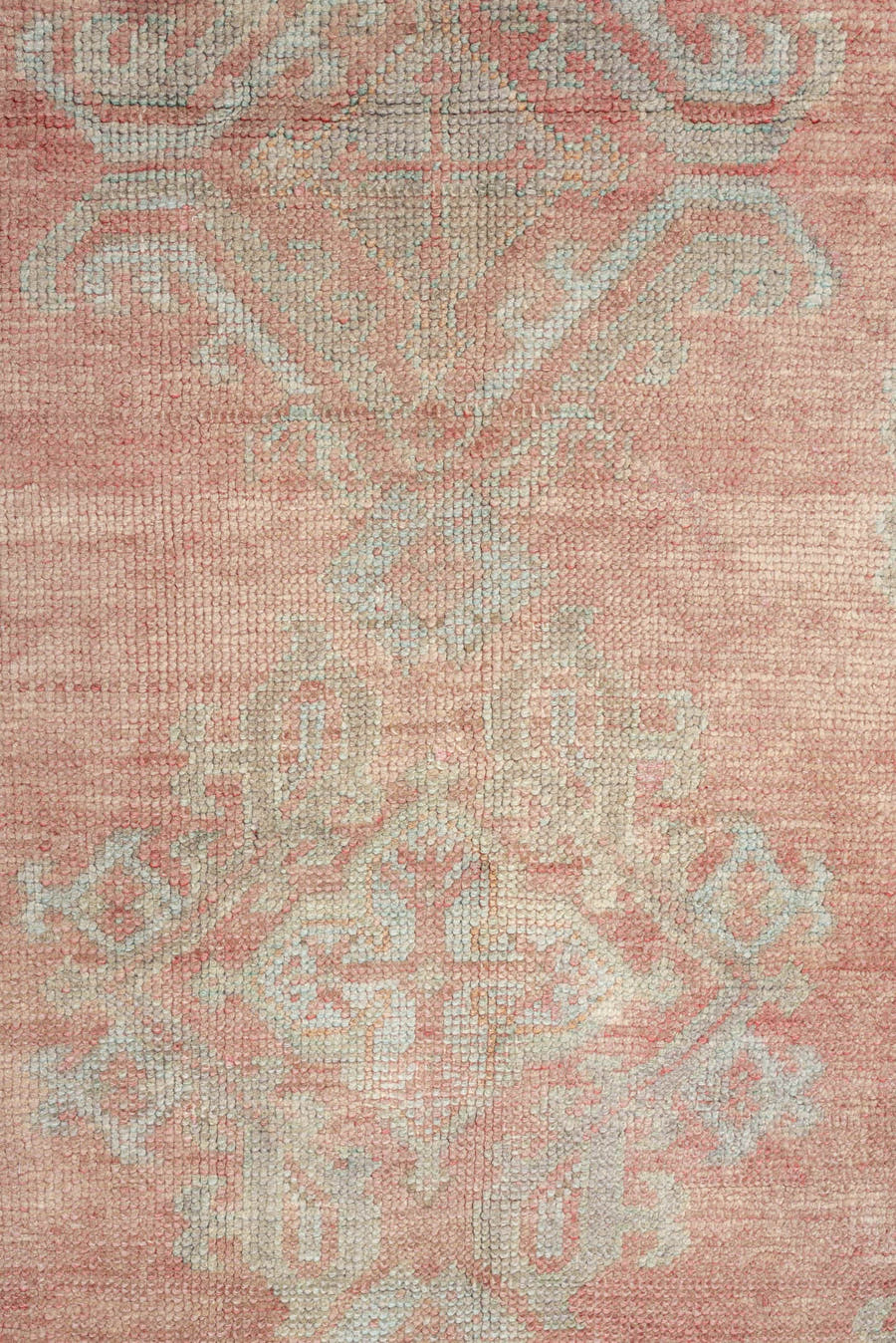 9' x 12' one-of-a-kind handmade antique Oushak large size rug. Color palette: blush, pale aqua, ivory, taupe, rose, sage