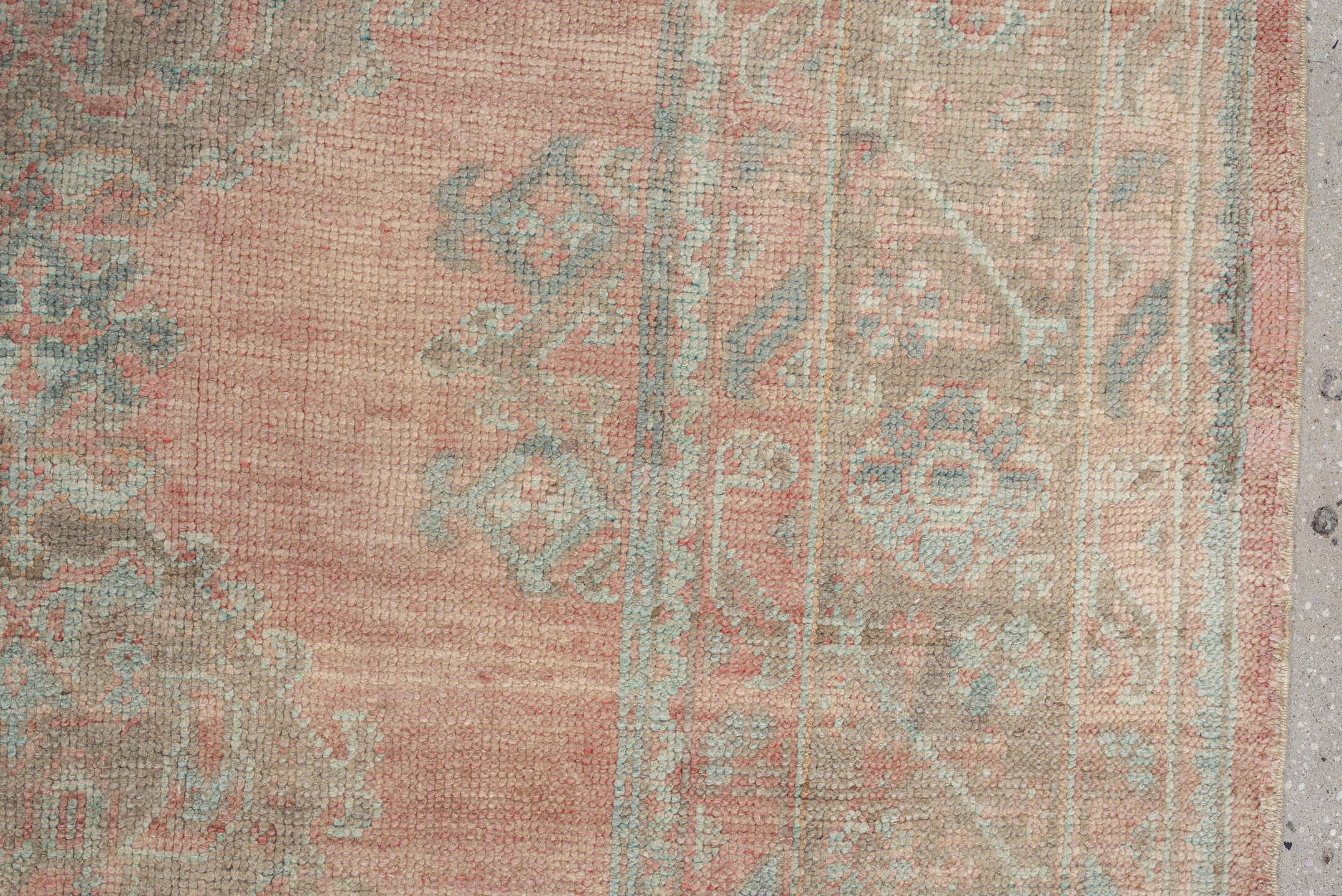 9' x 12' one-of-a-kind handmade antique Oushak large size rug. Color palette: blush, pale aqua, ivory, taupe, rose, sage