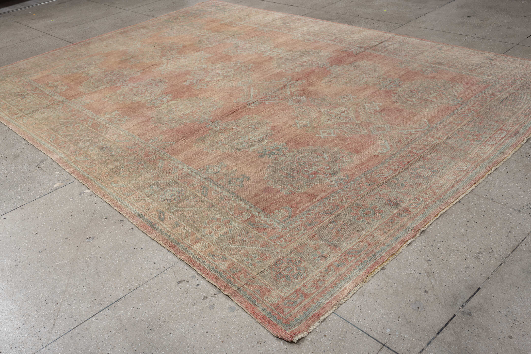 9' x 12' one-of-a-kind handmade antique Oushak large size rug. Color palette: blush, pale aqua, ivory, taupe, rose, sage