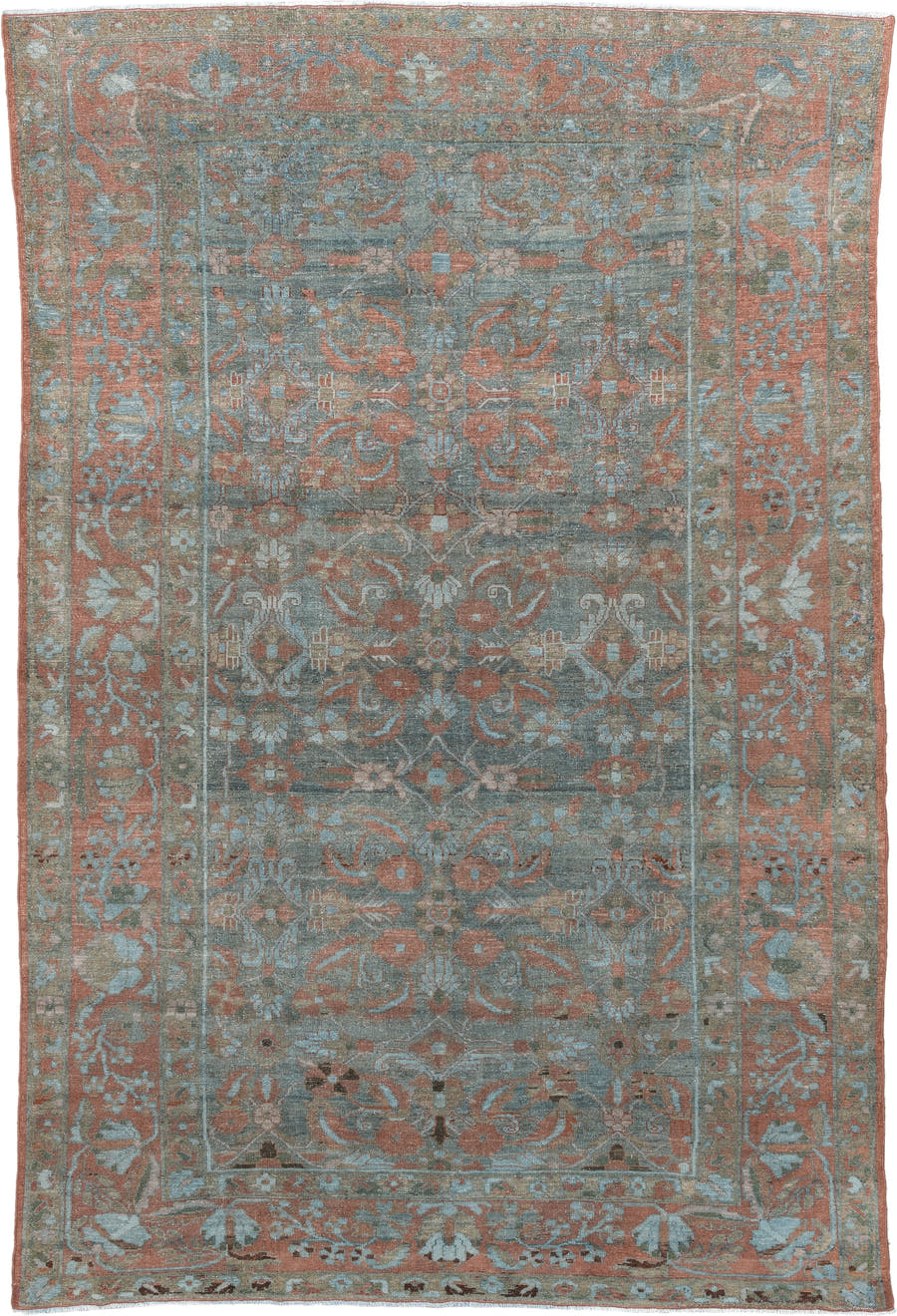 6' x 10' one-of-a-kind handmade antique Lilian large size rug. Color palette: dusty blue, terracotta, ivory, taupe, sage
