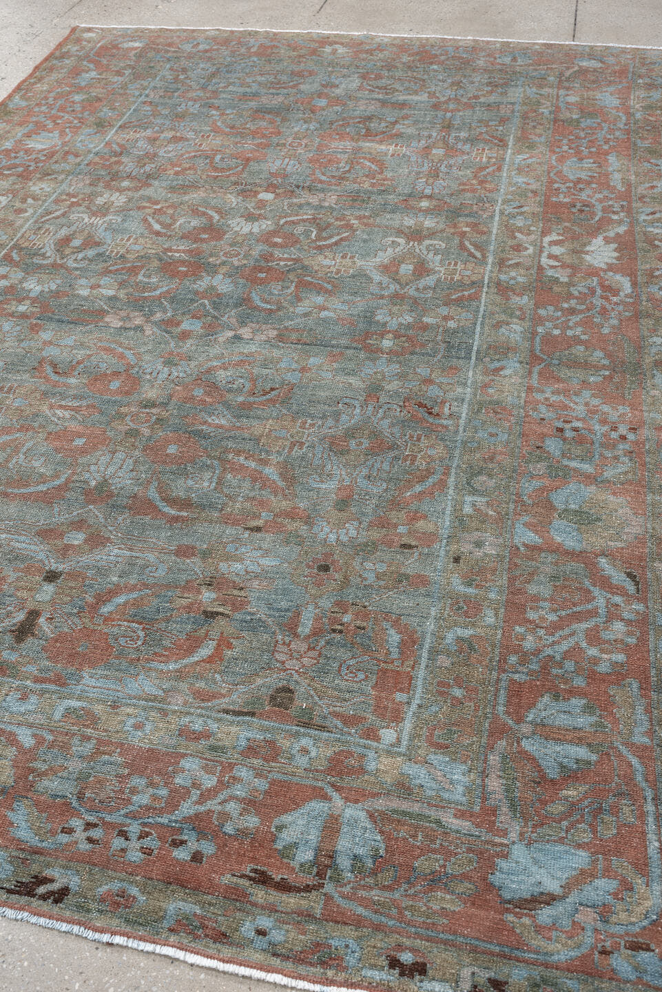 6' x 10' one-of-a-kind handmade antique Lilian large size rug. Color palette: dusty blue, terracotta, ivory, taupe, sage