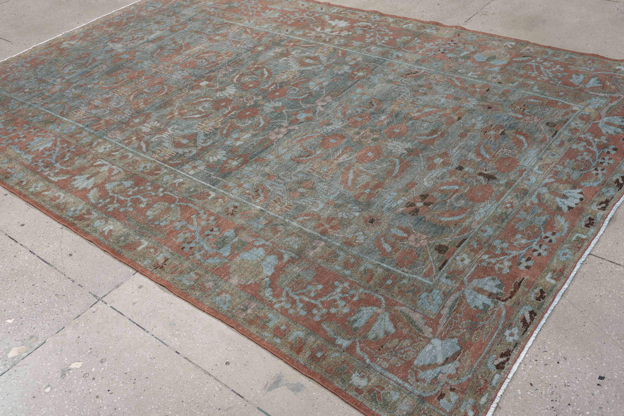 6' x 10' one-of-a-kind handmade antique Lilian large size rug. Color palette: dusty blue, terracotta, ivory, taupe, sage