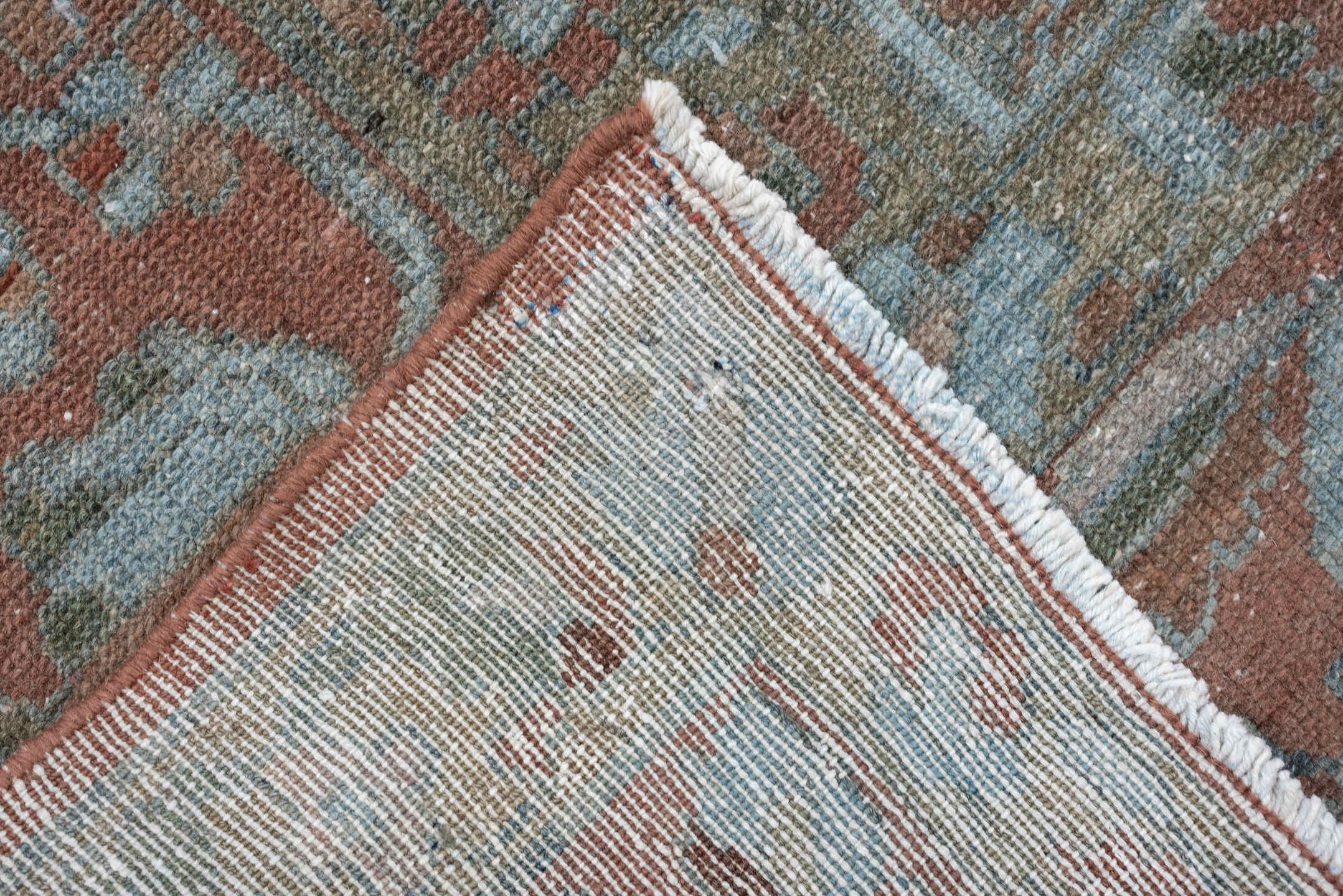 6' x 10' one-of-a-kind handmade antique Lilian large size rug. Color palette: dusty blue, terracotta, ivory, taupe, sage