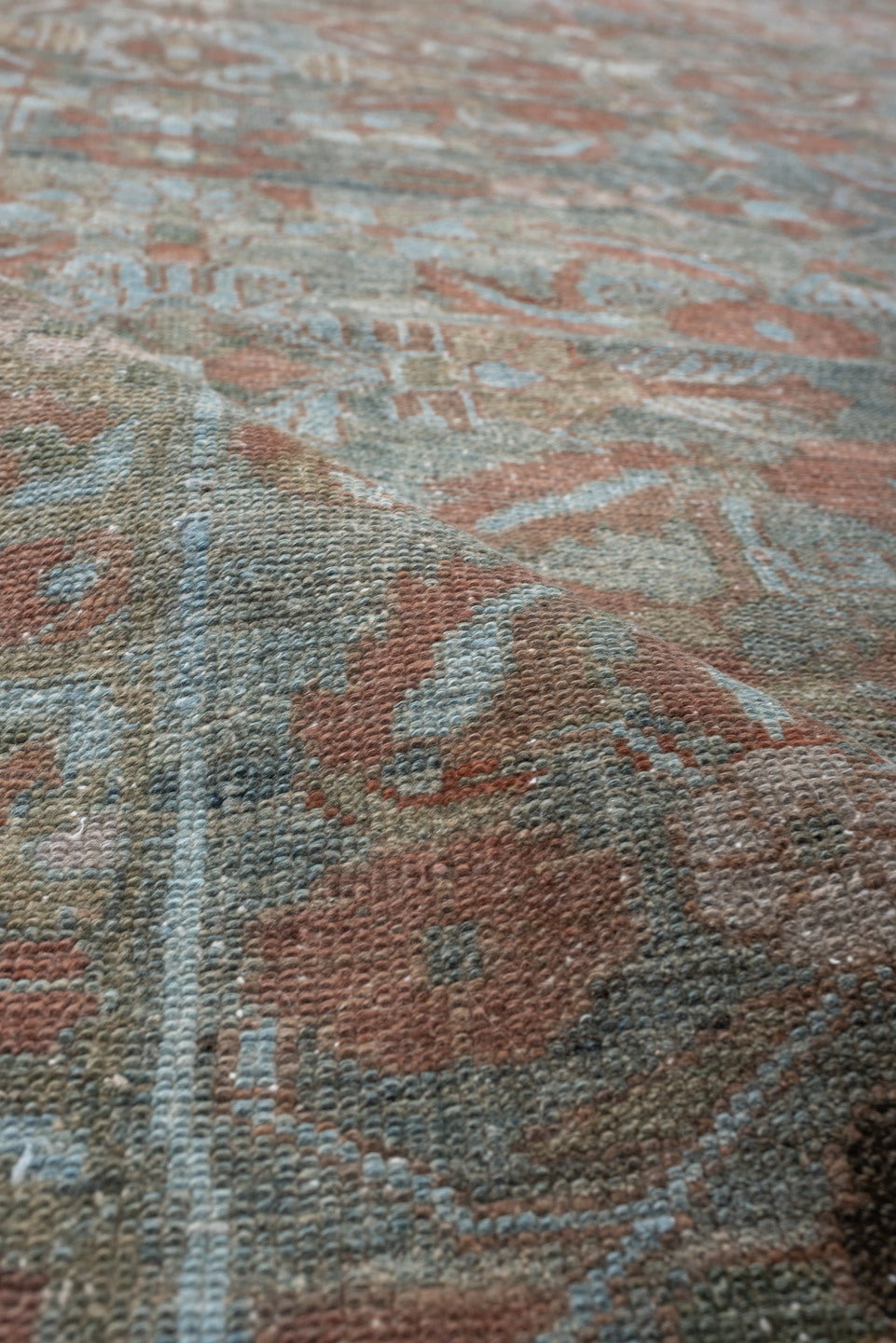 6' x 10' one-of-a-kind handmade antique Lilian large size rug. Color palette: dusty blue, terracotta, ivory, taupe, sage