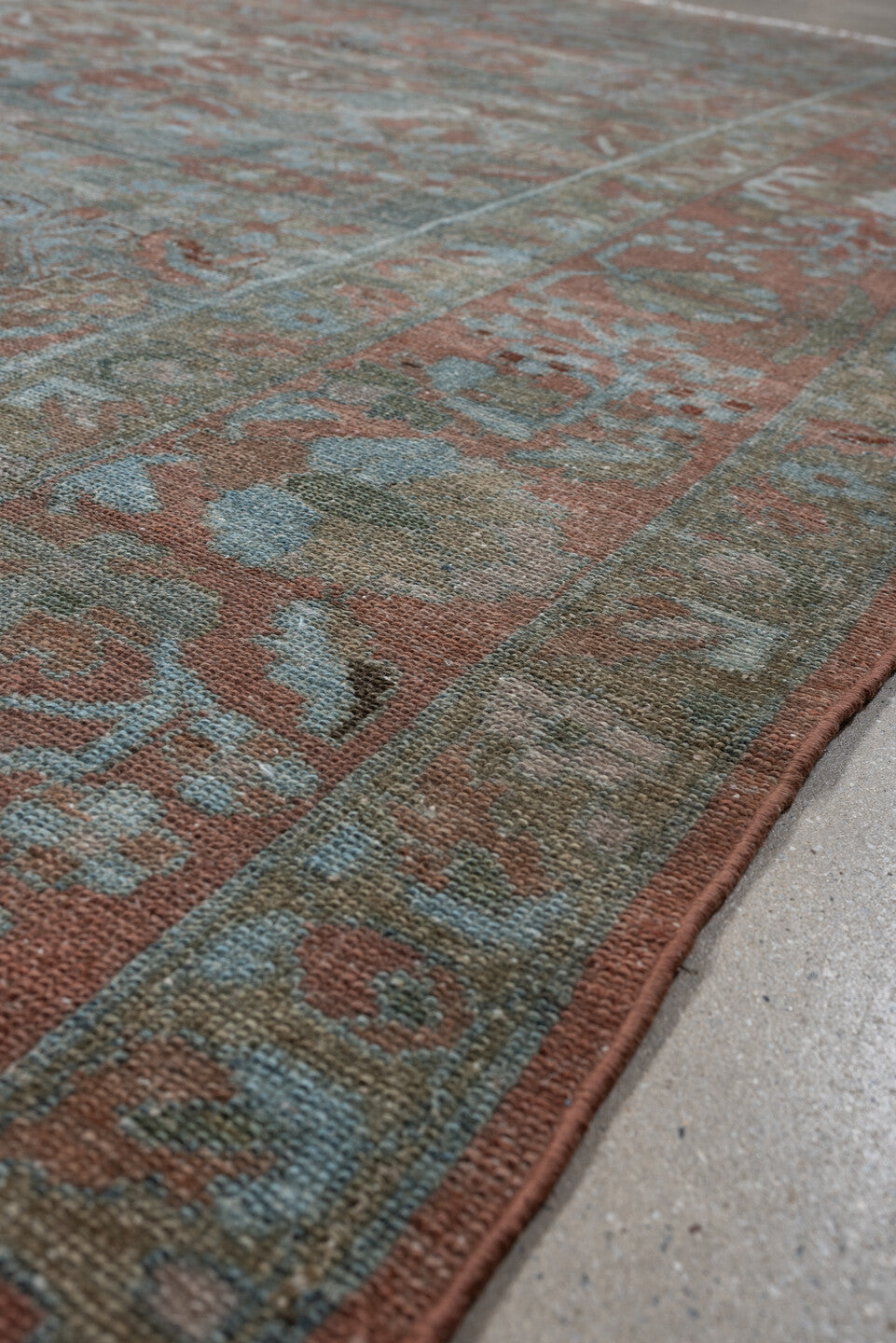 6' x 10' one-of-a-kind handmade antique Lilian large size rug. Color palette: dusty blue, terracotta, ivory, taupe, sage