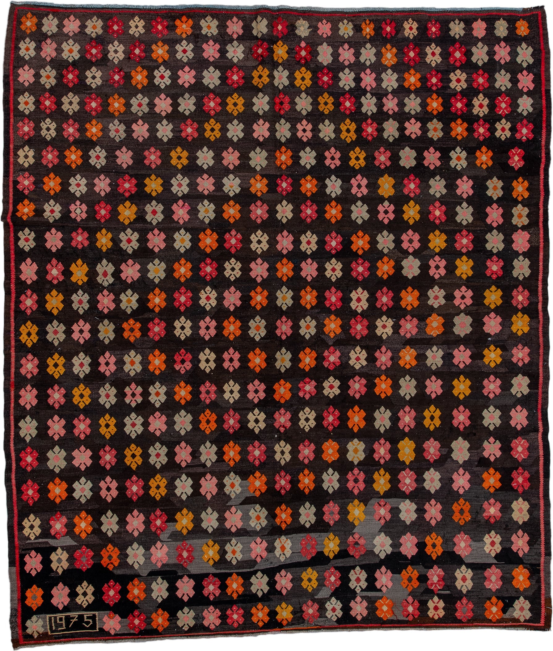 7' x 8' one-of-a-kind handmade antique Kilim rug. Color palette: charcoal, rose, ivory, rust, crimson, saffron, gray, black
