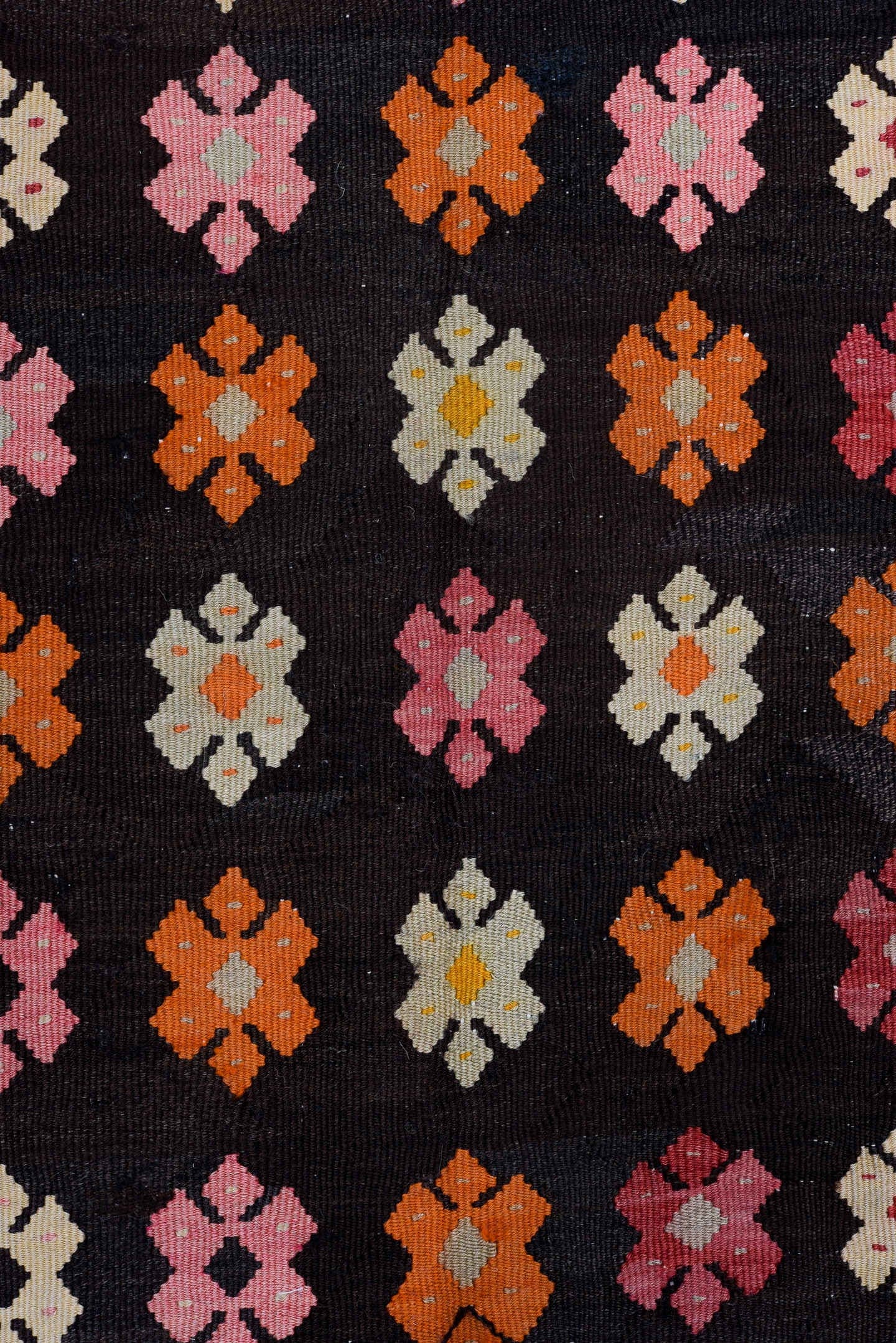 7' x 8' one-of-a-kind handmade antique Kilim rug. Color palette: charcoal, rose, ivory, rust, crimson, saffron, gray, black
