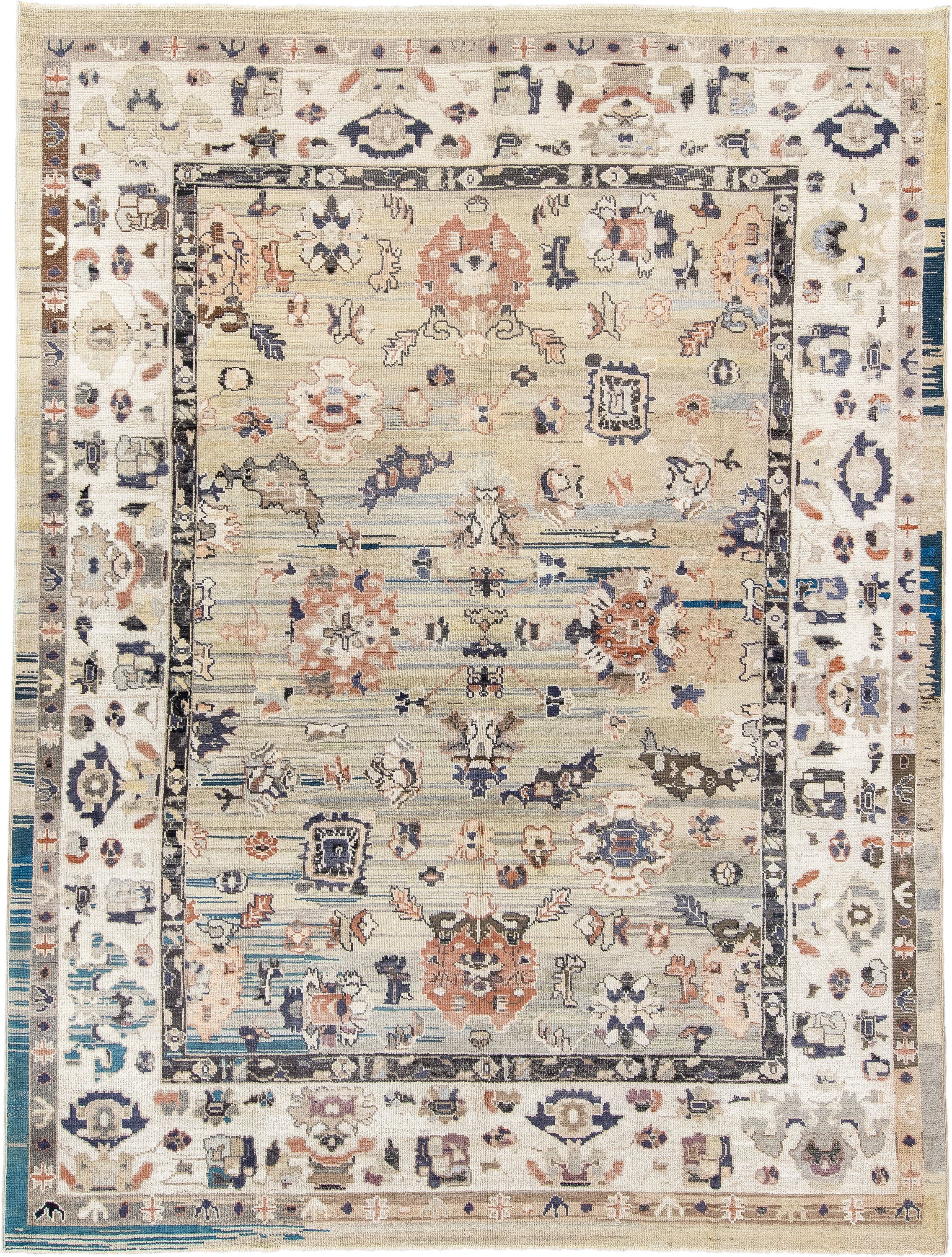 9' x 12' one-of-a-kind handmade vintage Oushak large size rug. Color palette: ivory, beige, charcoal, coral, blue, taupe