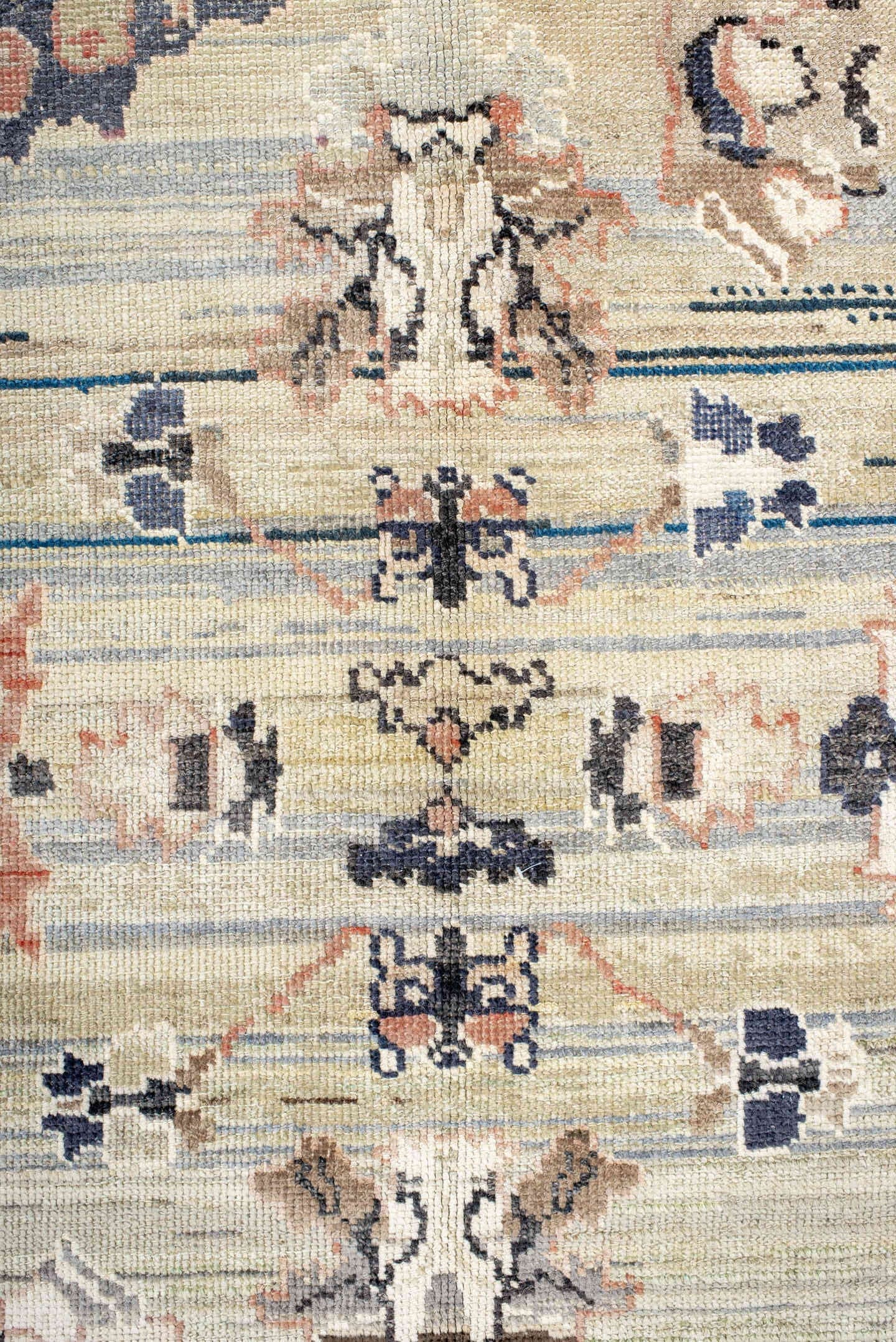 9' x 12' one-of-a-kind handmade vintage Oushak large size rug. Color palette: ivory, beige, charcoal, coral, blue, taupe