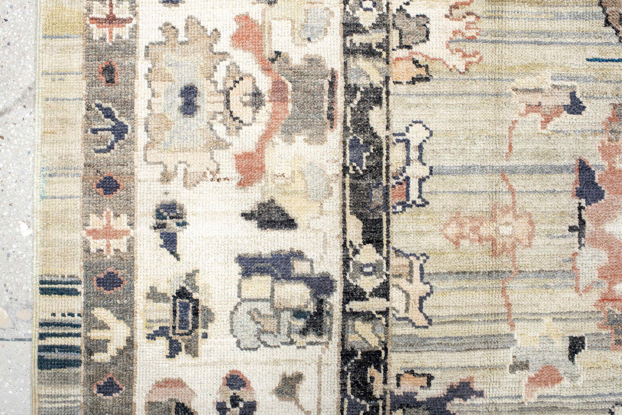 9' x 12' one-of-a-kind handmade vintage Oushak large size rug. Color palette: ivory, beige, charcoal, coral, blue, taupe