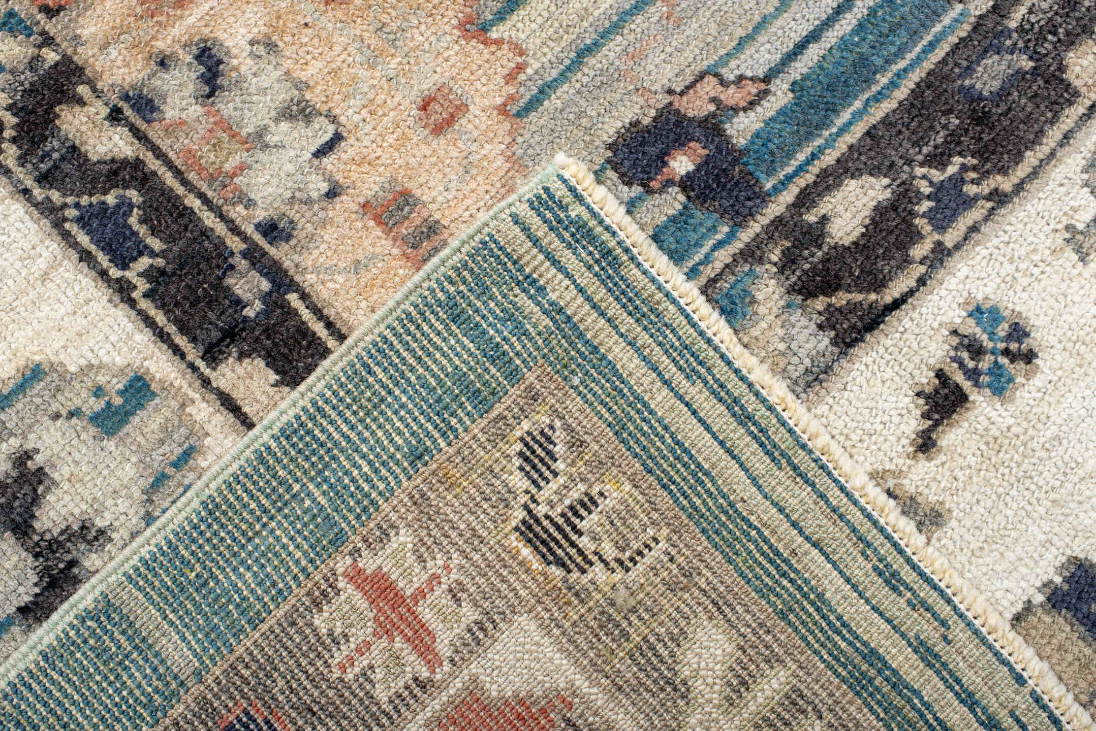 9' x 12' one-of-a-kind handmade vintage Oushak large size rug. Color palette: ivory, beige, charcoal, coral, blue, taupe