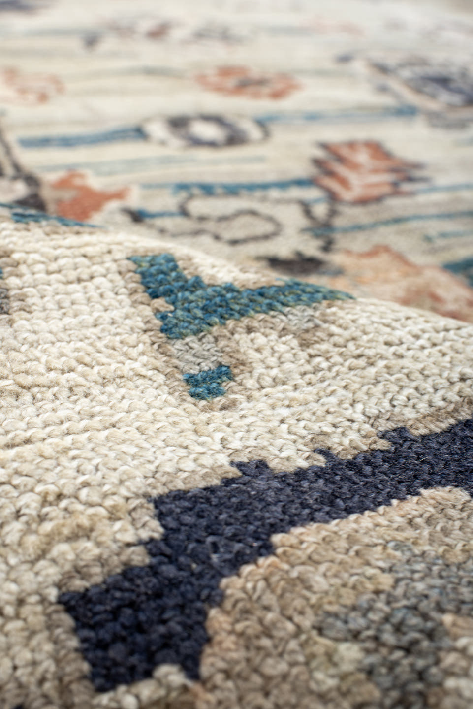 9' x 12' one-of-a-kind handmade vintage Oushak large size rug. Color palette: ivory, beige, charcoal, coral, blue, taupe