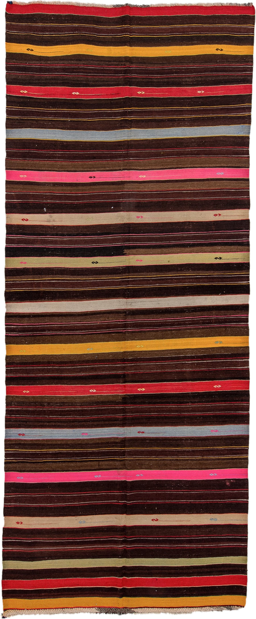 6' x 15' one-of-a-kind handmade antique Kilim rug. Color palette: brown, rust, gold, ivory, sky_blue, olive, pink, charcoal