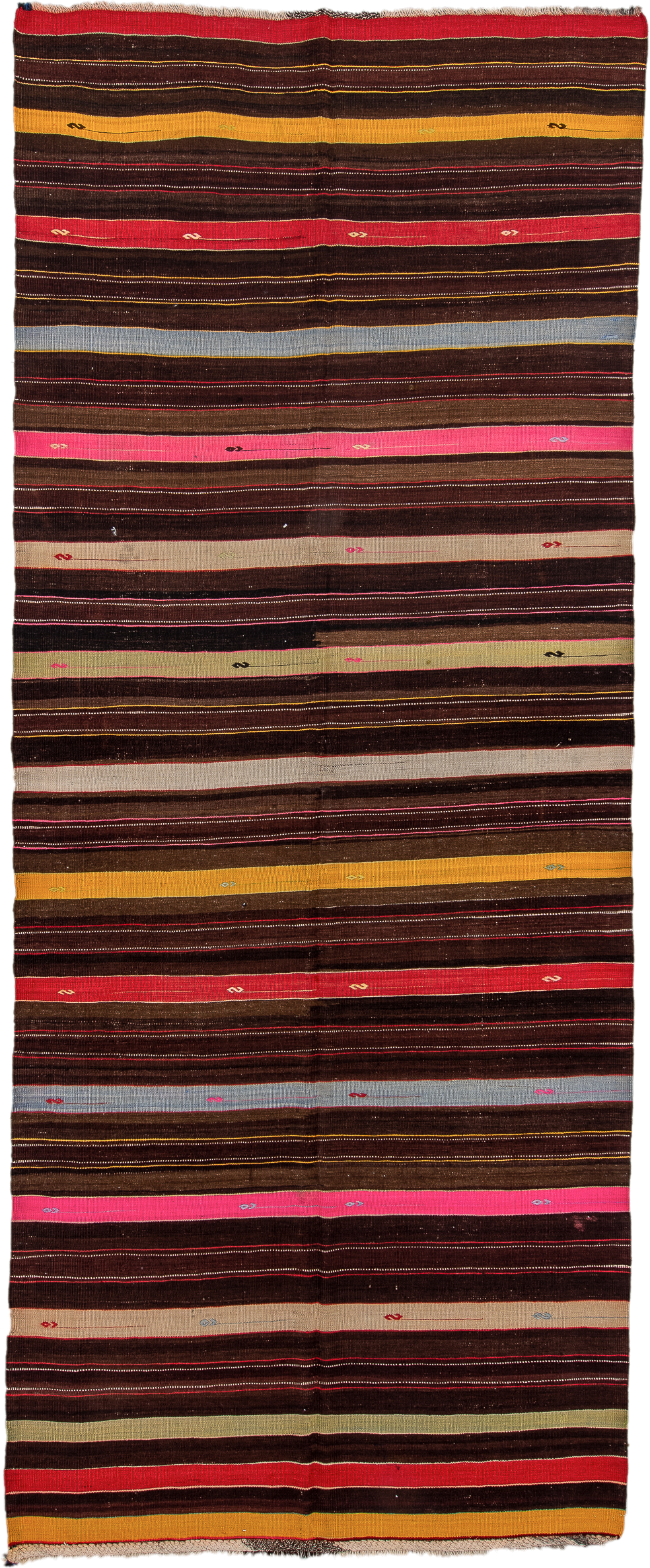 6' x 15' one-of-a-kind handmade antique Kilim rug. Color palette: brown, rust, gold, ivory, sky_blue, olive, pink, charcoal