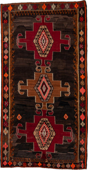 6' x 12' one-of-a-kind handmade antique Kilim large size rug. Color palette: brown, burgundy, camel, ivory, orange, taupe