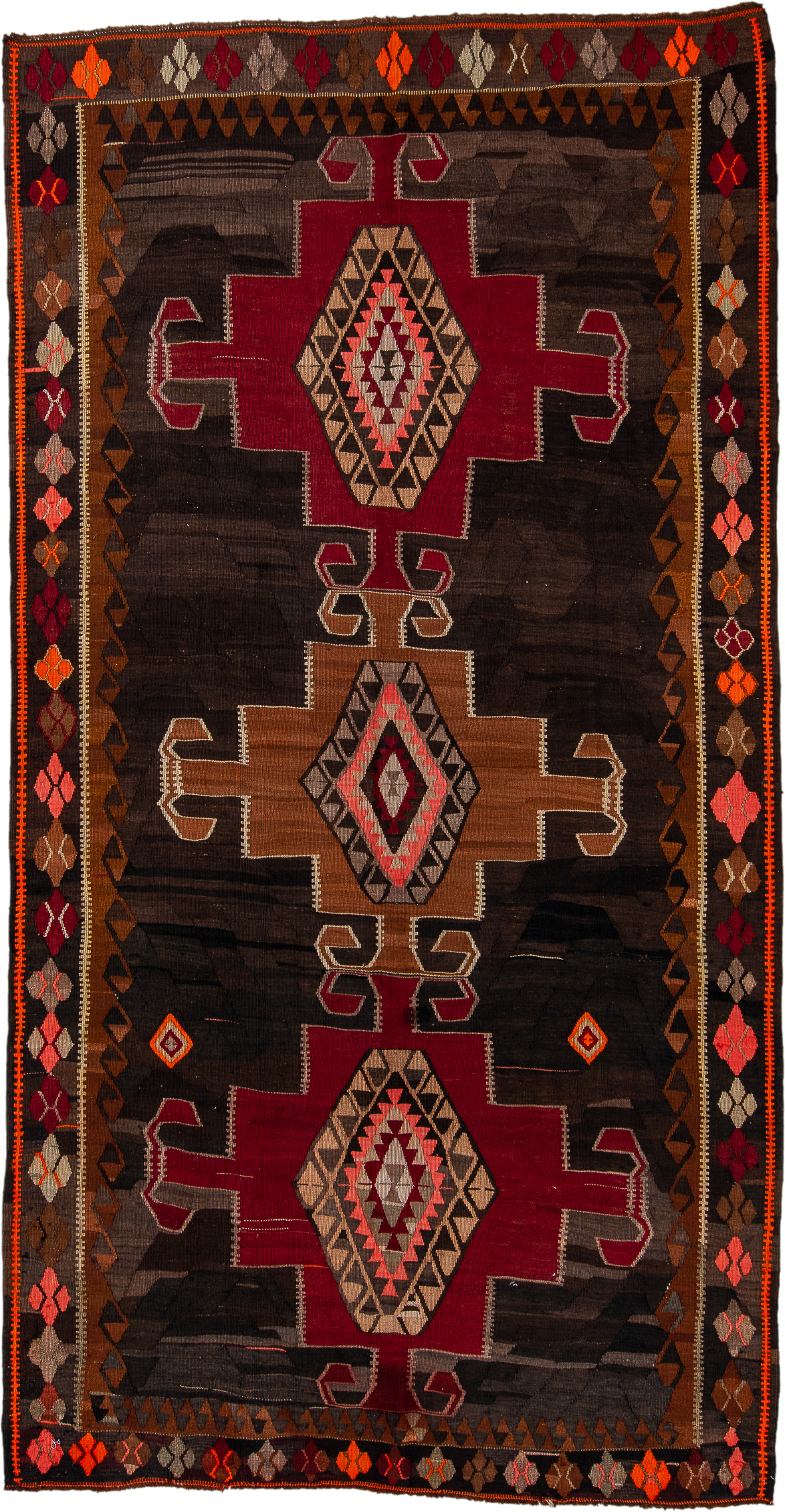 6' x 12' one-of-a-kind handmade antique Kilim large size rug. Color palette: brown, burgundy, camel, ivory, orange, taupe