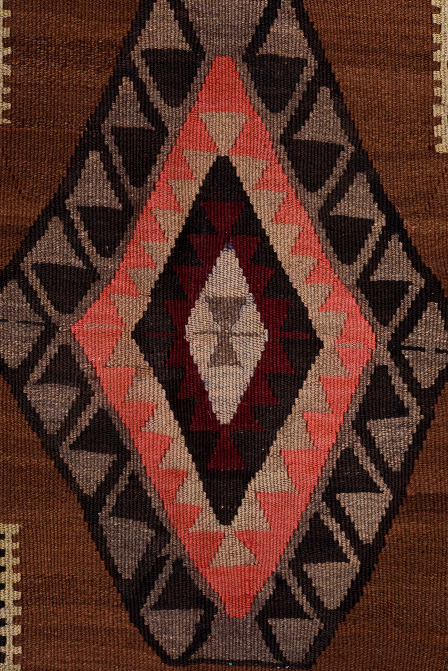 6' x 12' one-of-a-kind handmade antique Kilim large size rug. Color palette: brown, burgundy, camel, ivory, orange, taupe