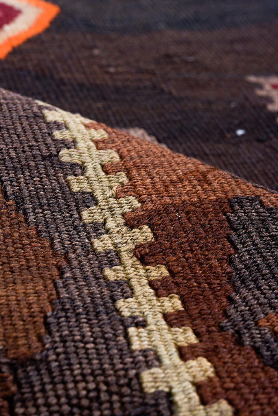 6' x 12' one-of-a-kind handmade antique Kilim large size rug. Color palette: brown, burgundy, camel, ivory, orange, taupe
