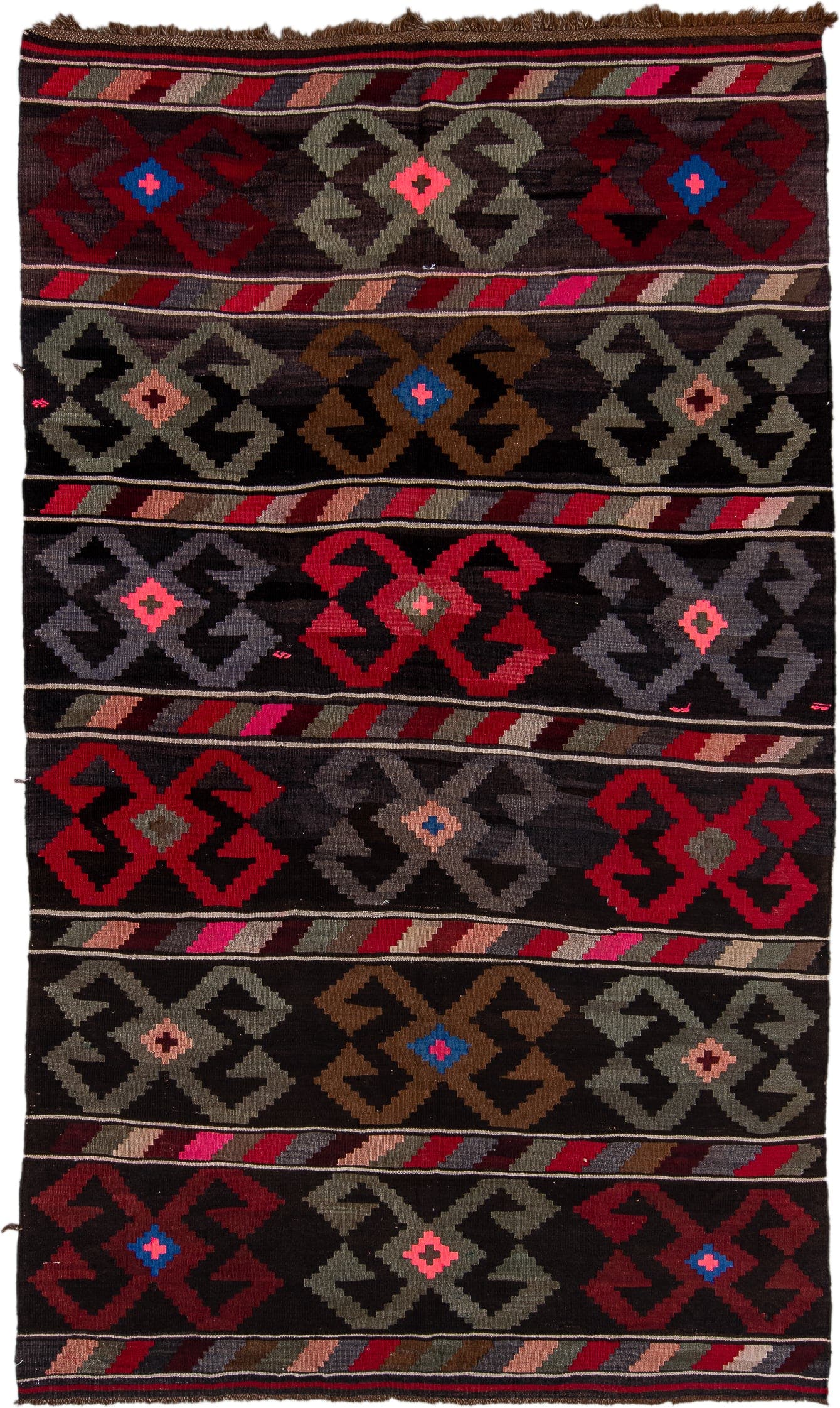 6' x 10' one-of-a-kind handmade antique Kilim large size rug. Color palette: brown, rust, taupe, gray, crimson, pink, blue