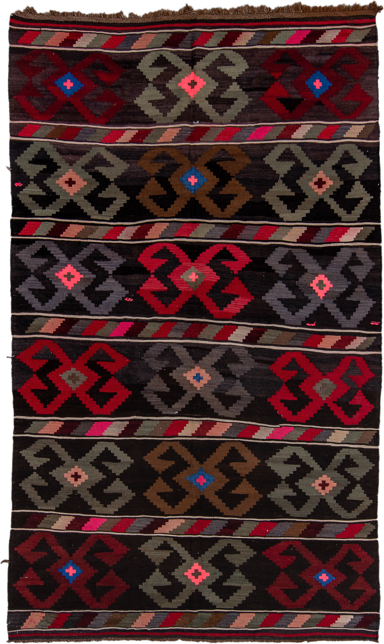 6' x 10' one-of-a-kind handmade antique Kilim large size rug. Color palette: brown, rust, taupe, gray, crimson, pink, blue