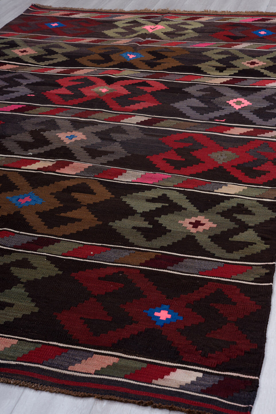 6' x 10' one-of-a-kind handmade antique Kilim large size rug. Color palette: brown, rust, taupe, gray, crimson, pink, blue