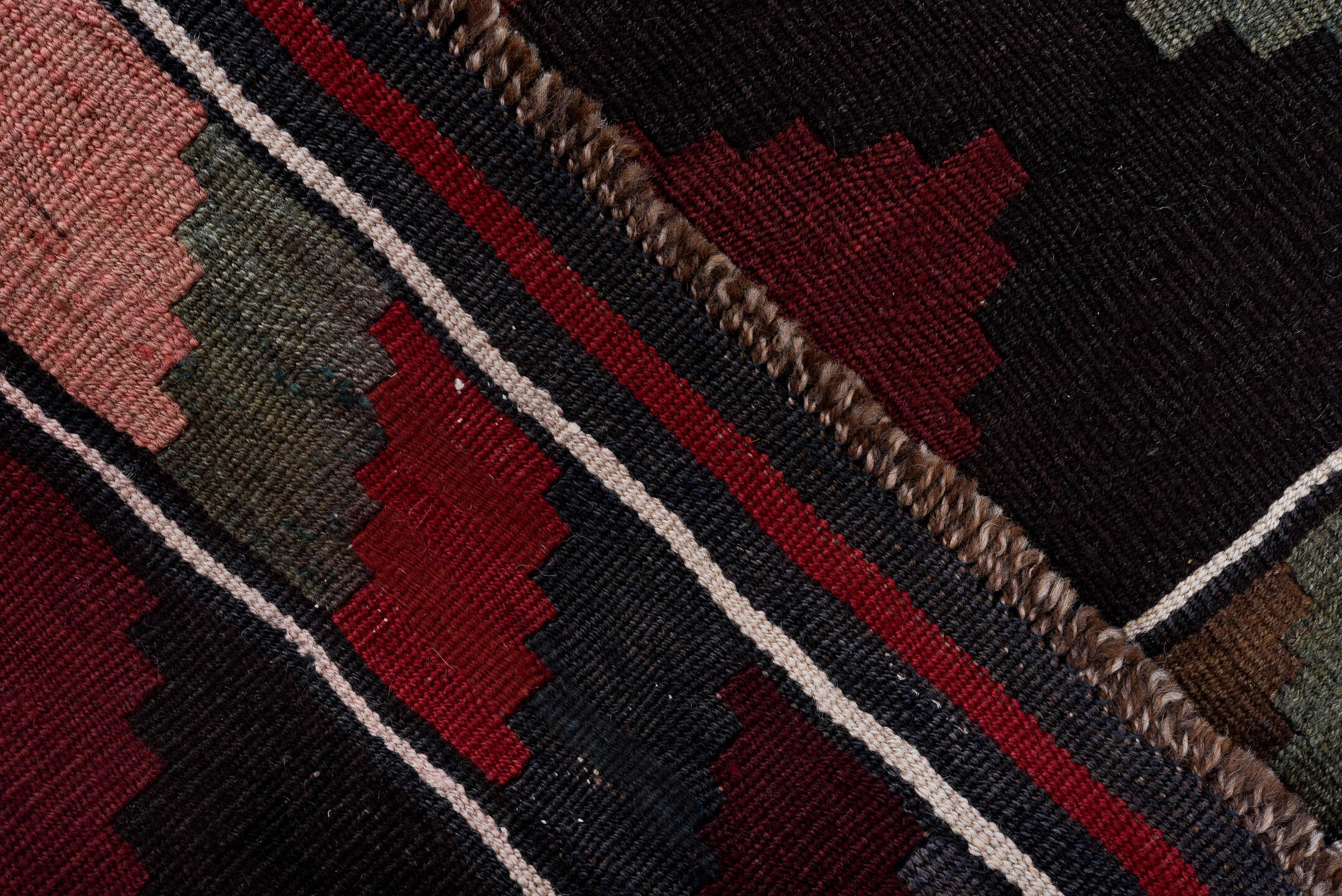 6' x 10' one-of-a-kind handmade antique Kilim large size rug. Color palette: brown, rust, taupe, gray, crimson, pink, blue