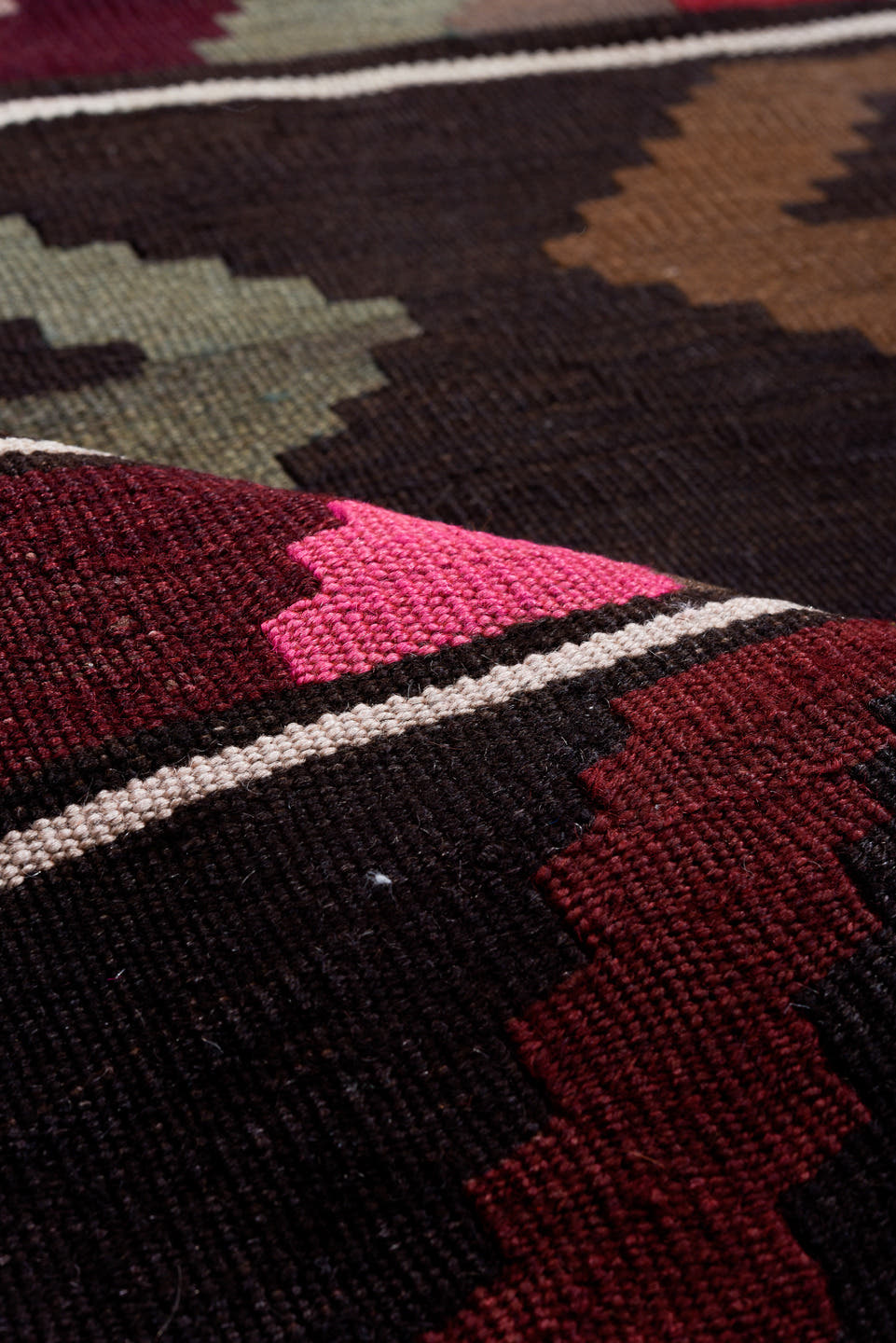 6' x 10' one-of-a-kind handmade antique Kilim large size rug. Color palette: brown, rust, taupe, gray, crimson, pink, blue
