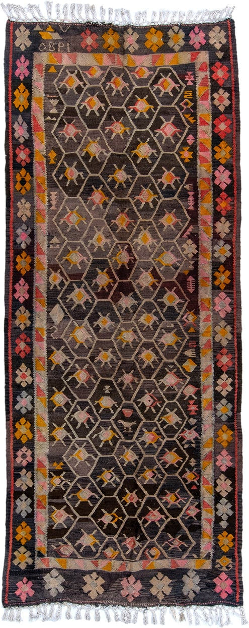 4' x 10' one-of-a-kind handmade antique Kilim runner rug. Color palette: charcoal, rose, ivory, saffron, taupe, coral, brown