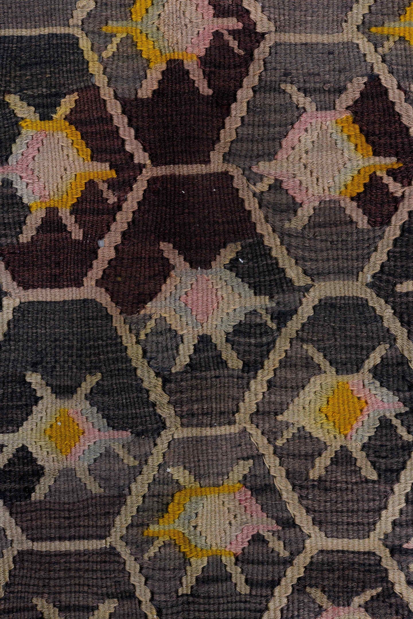 4' x 10' one-of-a-kind handmade antique Kilim runner rug. Color palette: charcoal, rose, ivory, saffron, taupe, coral, brown