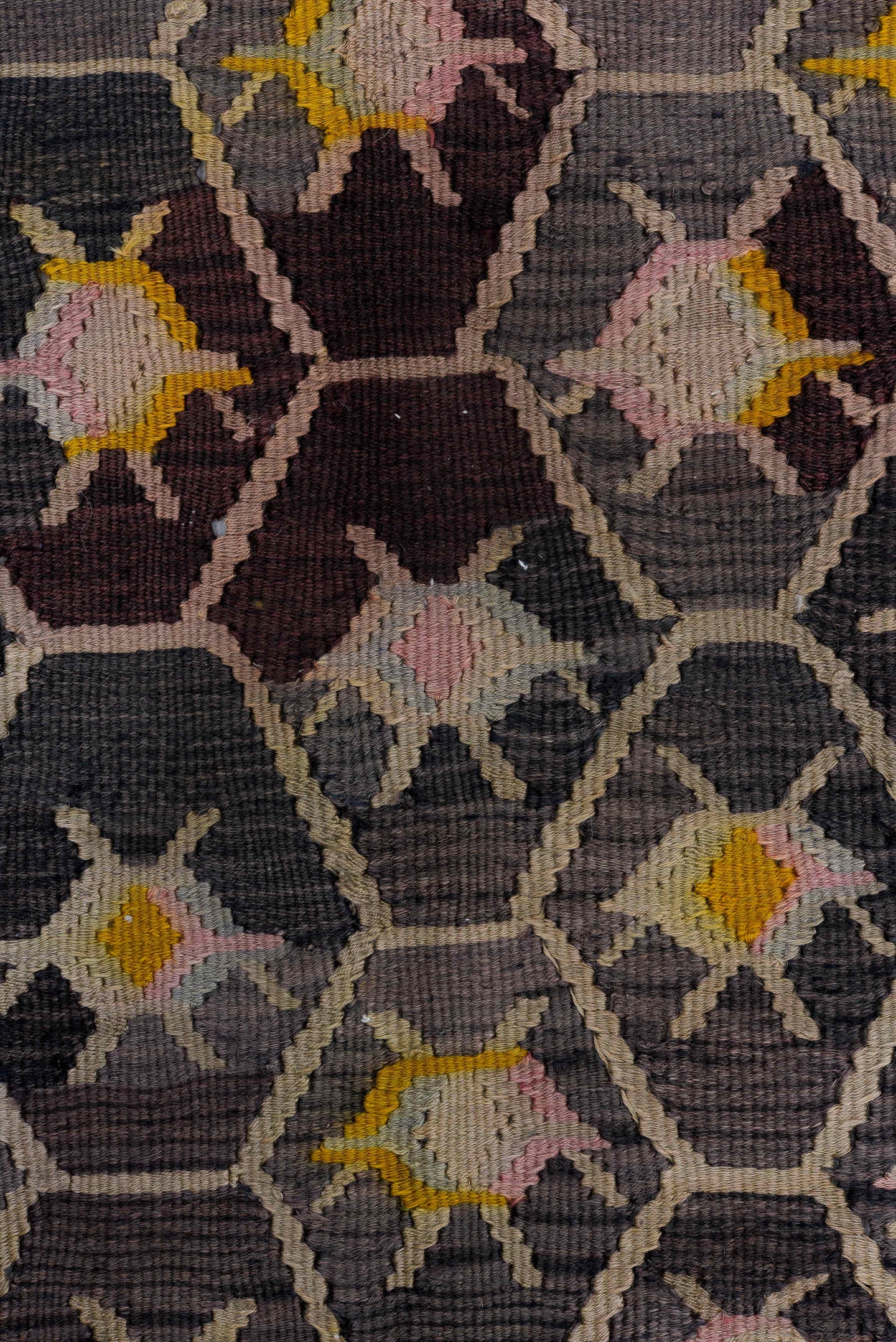 4' x 10' one-of-a-kind handmade antique Kilim runner rug. Color palette: charcoal, rose, ivory, saffron, taupe, coral, brown