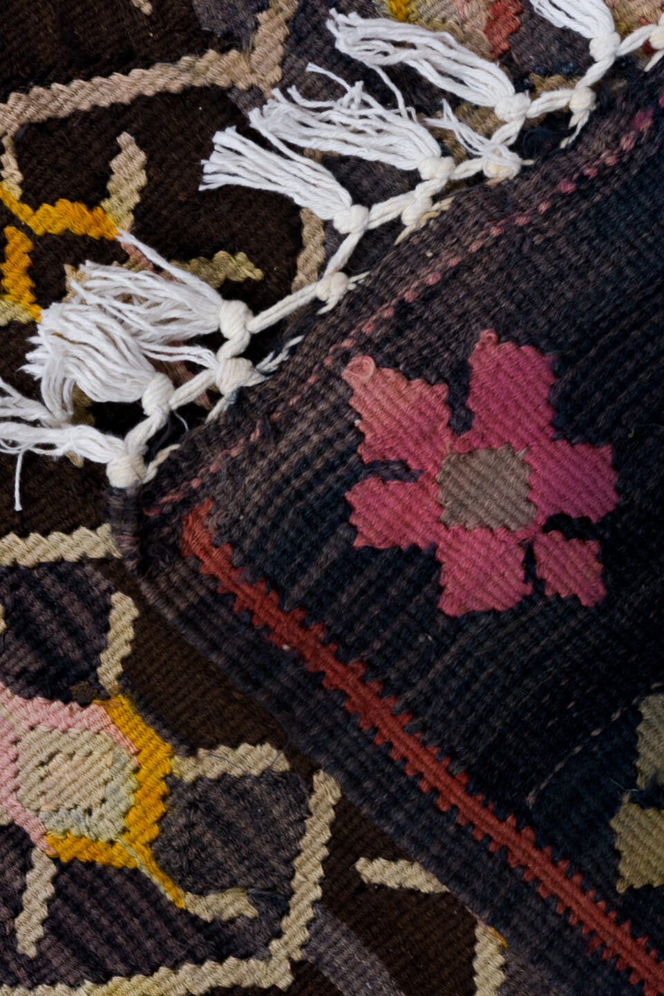 4' x 10' one-of-a-kind handmade antique Kilim runner rug. Color palette: charcoal, rose, ivory, saffron, taupe, coral, brown