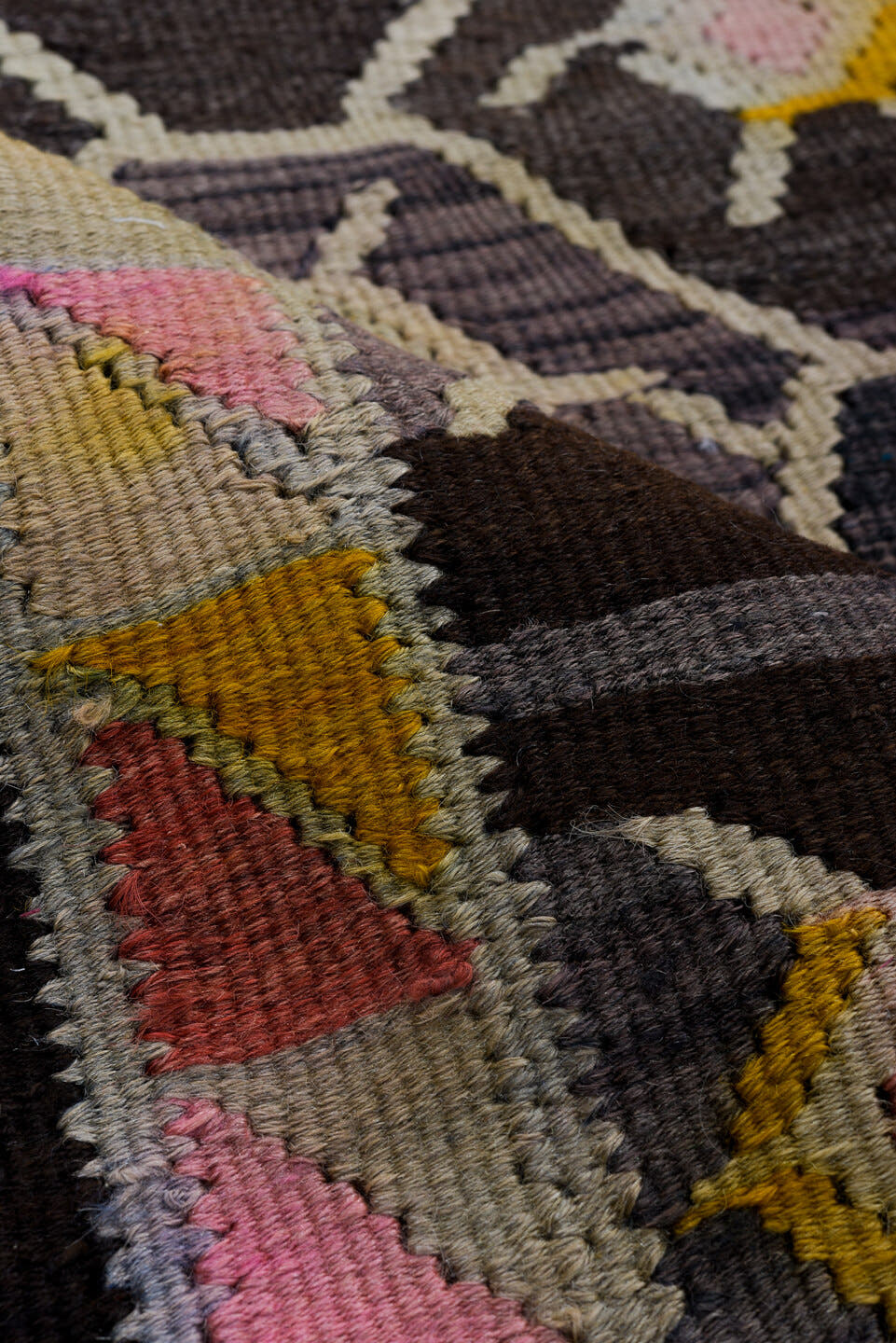 4' x 10' one-of-a-kind handmade antique Kilim runner rug. Color palette: charcoal, rose, ivory, saffron, taupe, coral, brown