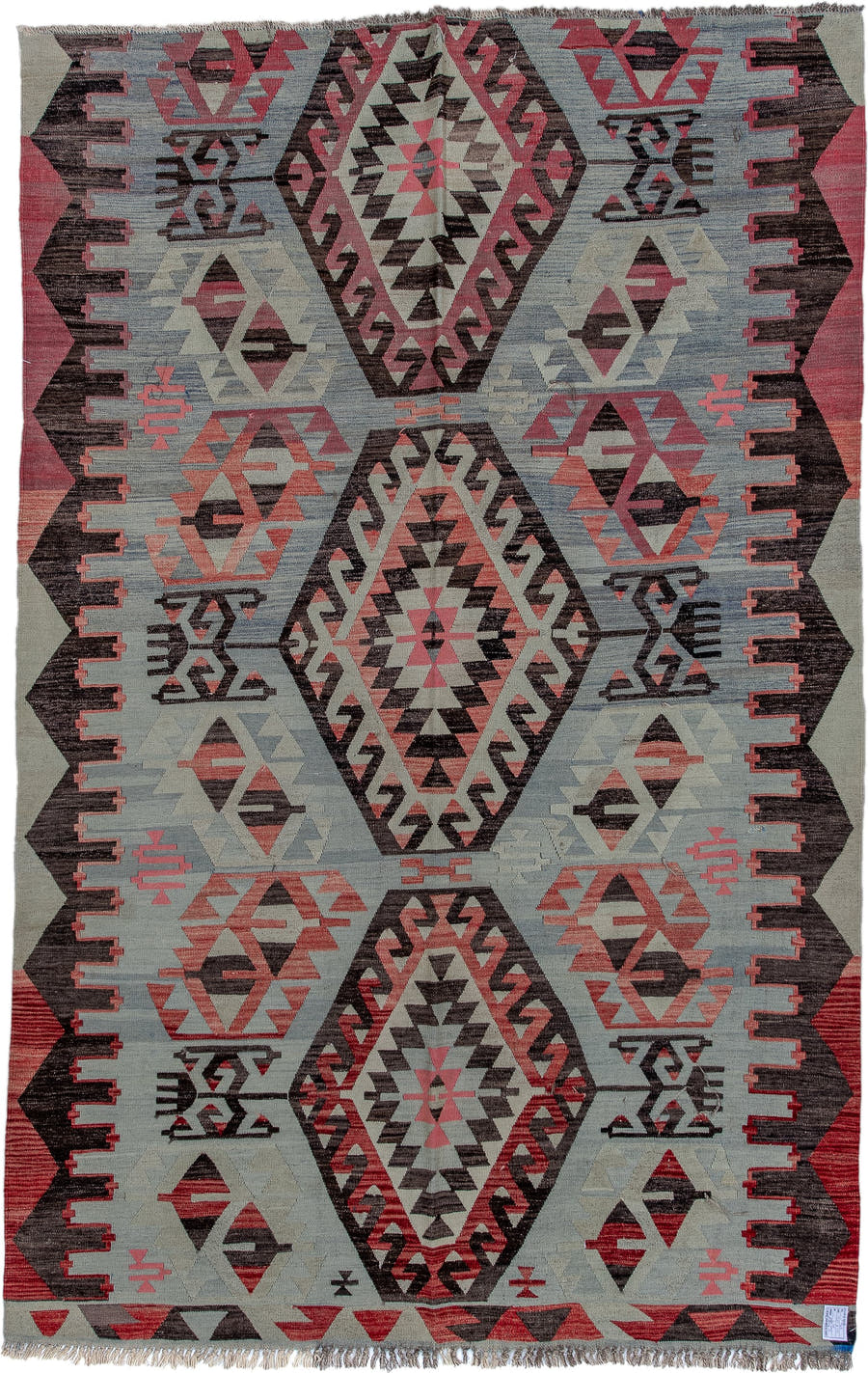 6' x 9' one-of-a-kind handmade antique Kilim medium size rug. Color palette: pale blue, charcoal, rose, ivory, crimson