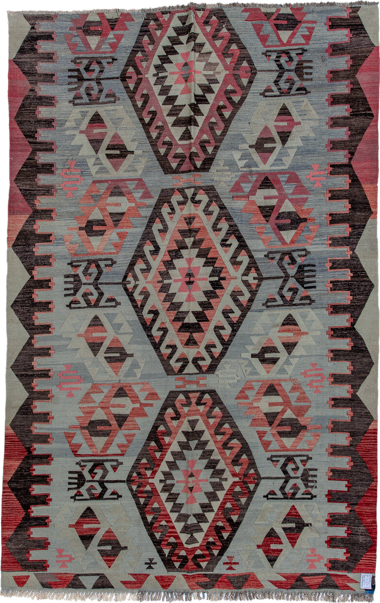 6' x 9' one-of-a-kind handmade antique Kilim medium size rug. Color palette: pale blue, charcoal, rose, ivory, crimson