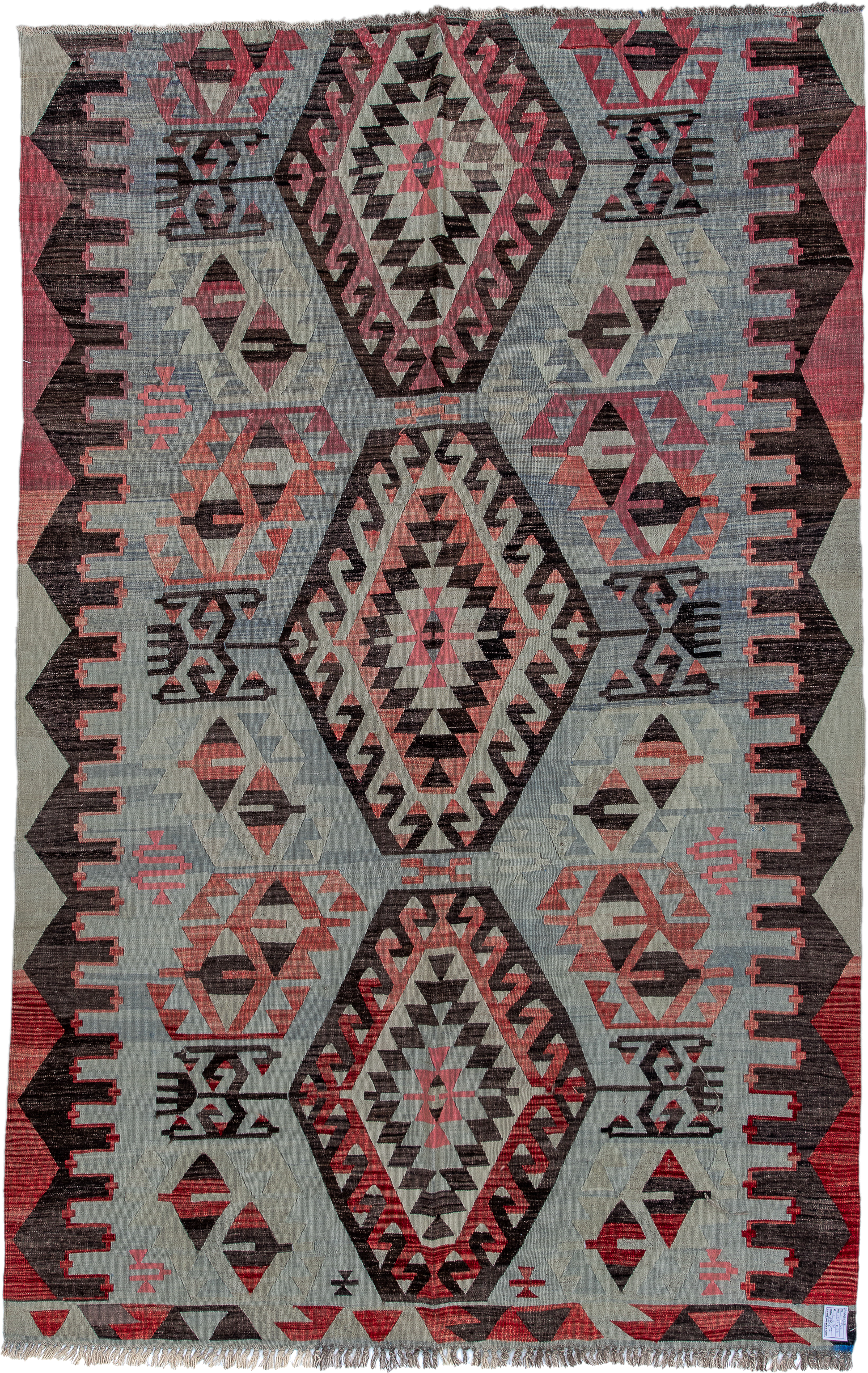 6' x 9' one-of-a-kind handmade antique Kilim medium size rug. Color palette: pale blue, charcoal, rose, ivory, crimson