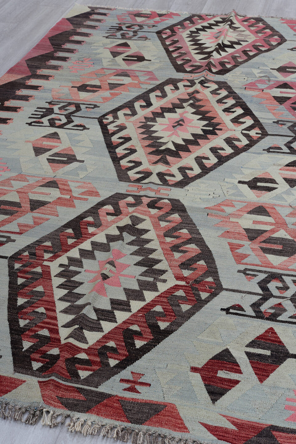 6' x 9' one-of-a-kind handmade antique Kilim medium size rug. Color palette: pale blue, charcoal, rose, ivory, crimson