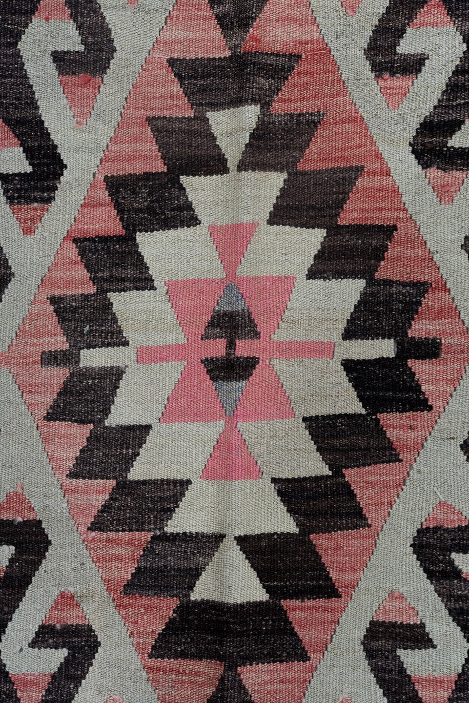 6' x 9' one-of-a-kind handmade antique Kilim medium size rug. Color palette: pale blue, charcoal, rose, ivory, crimson