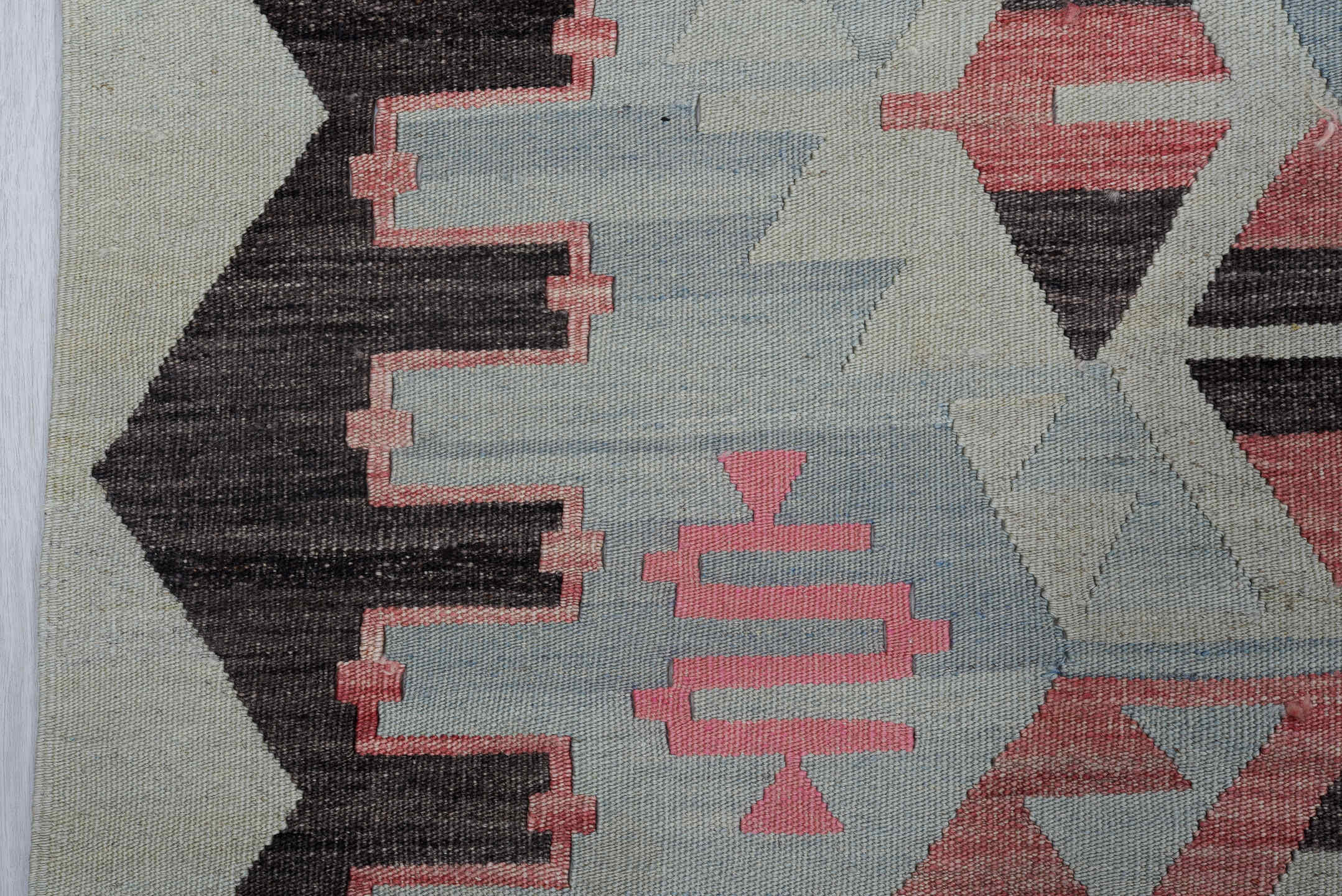 6' x 9' one-of-a-kind handmade antique Kilim medium size rug. Color palette: pale blue, charcoal, rose, ivory, crimson